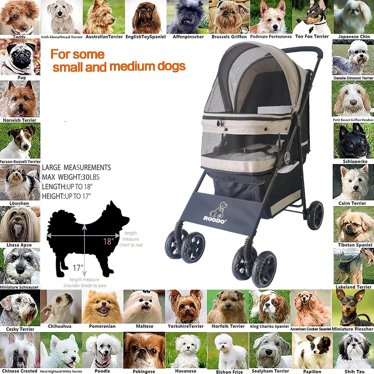 ROODO 4 Wheel Dog Cat Pet Stroller Best Lightweight Foldable Compact - Light khaki - image 4