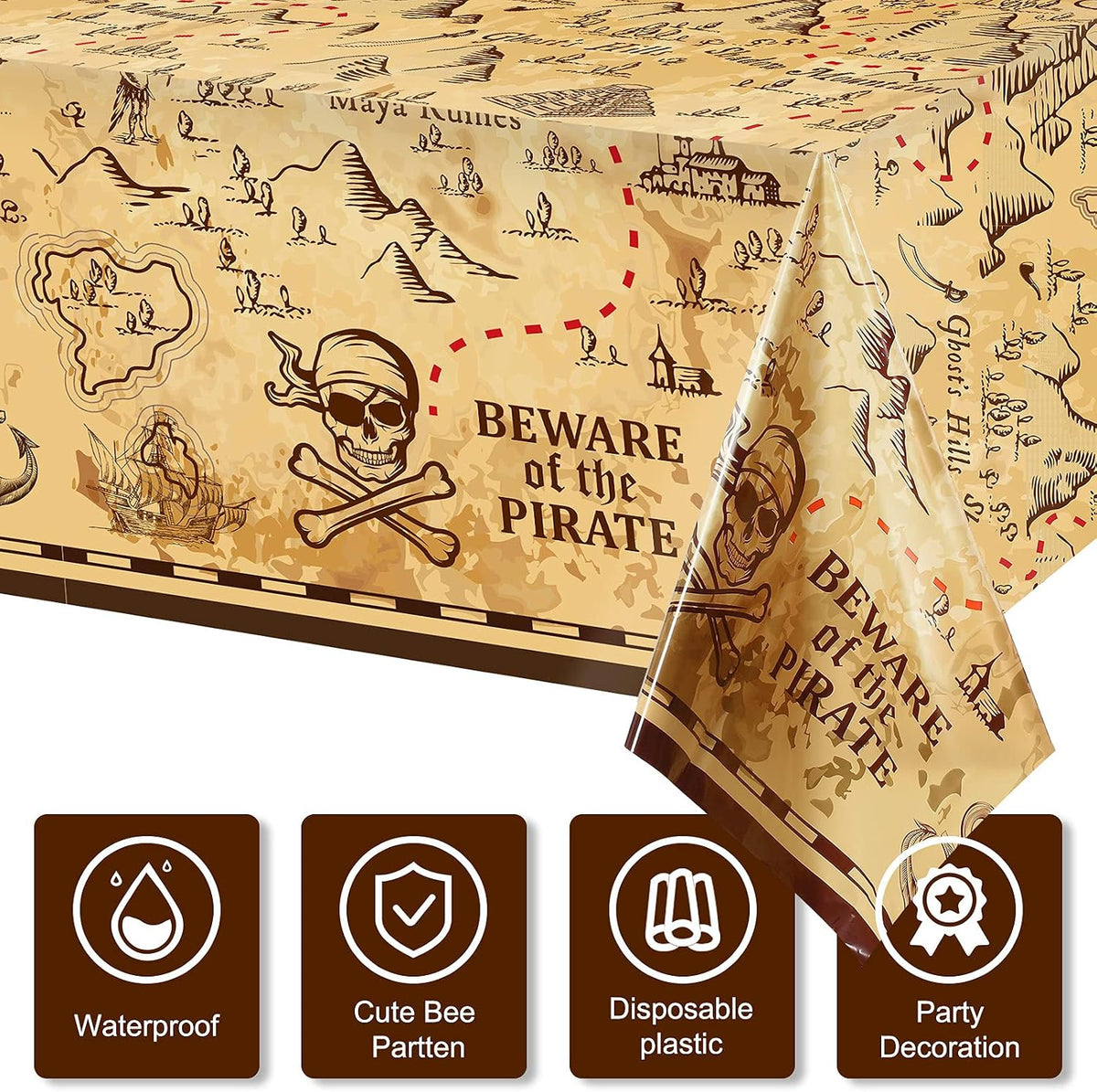 Irenare pirate tablecloth printed with a treasure map, skeleton, boat, mountain and treasure chest - view 12