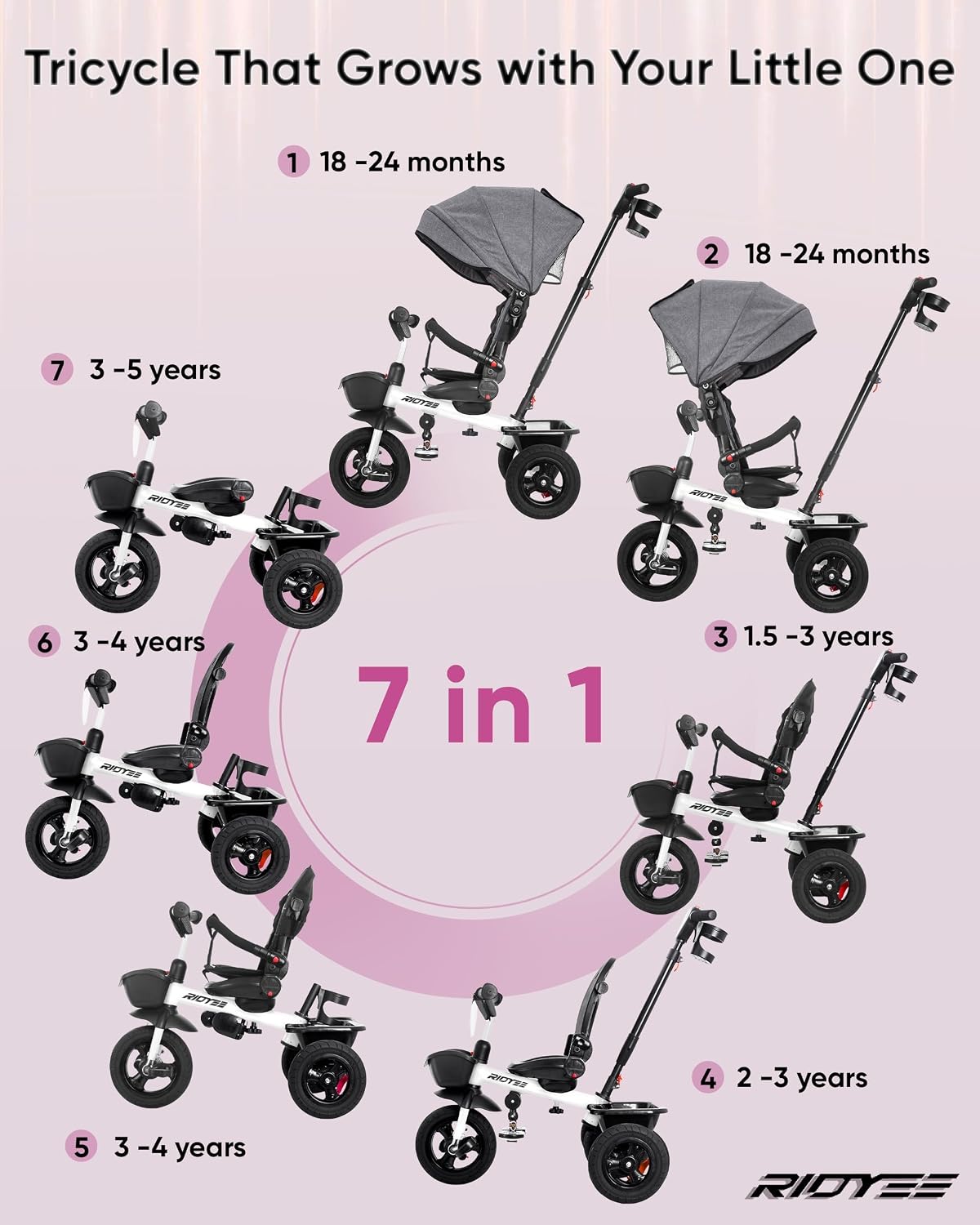 RIDYEE 7-in-1 toddler tricycle with push handle, canopy and rubber tires - view 11