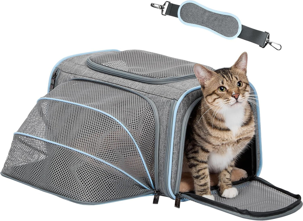 Petsfit Medium Expandable Cat Carrier for Air Travel - 16.0"L x 10.0"W x 9.0"H / Light Gray