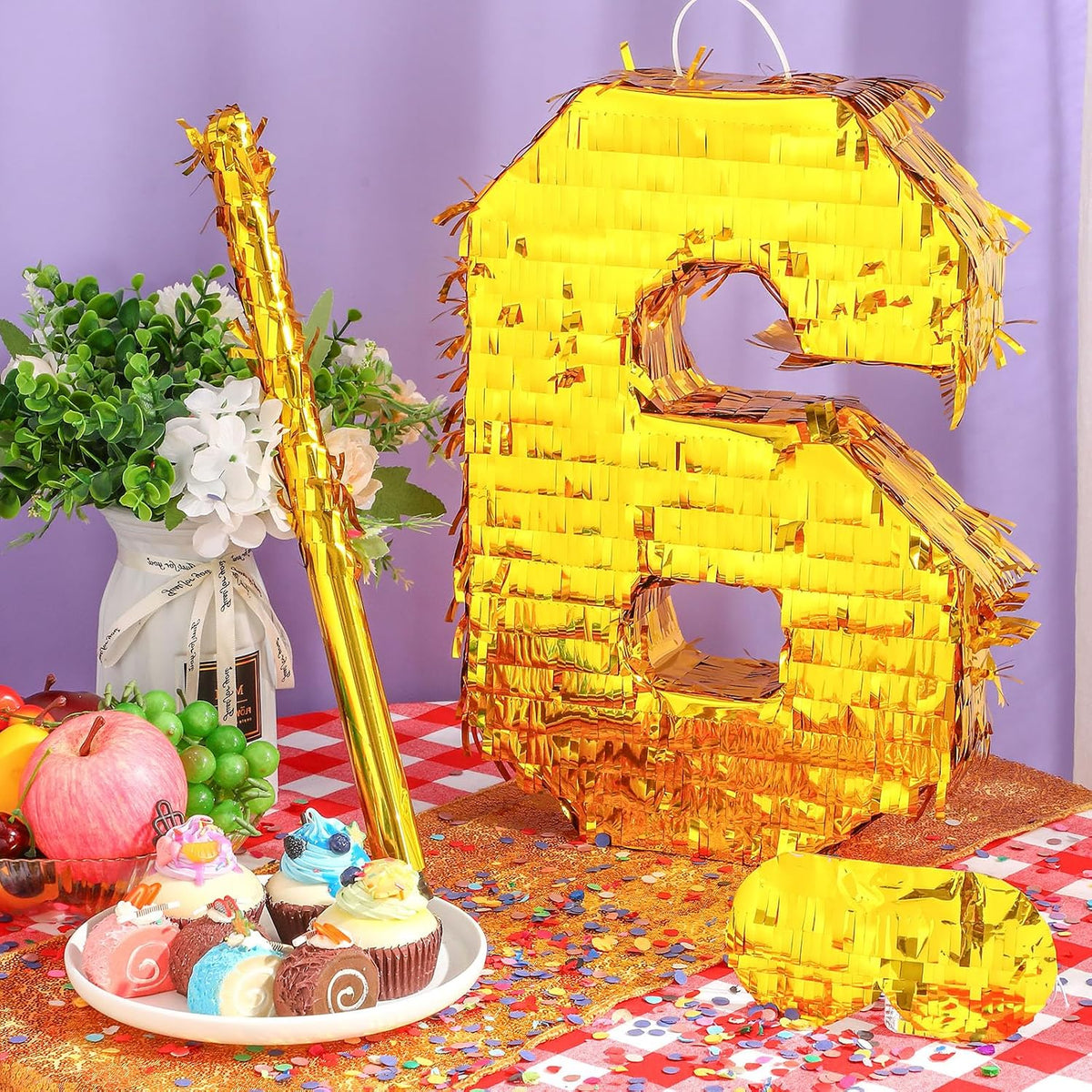 Sratte gold foil number piñata set with gold blindfold, piñata stick and bag of confetti - view 16