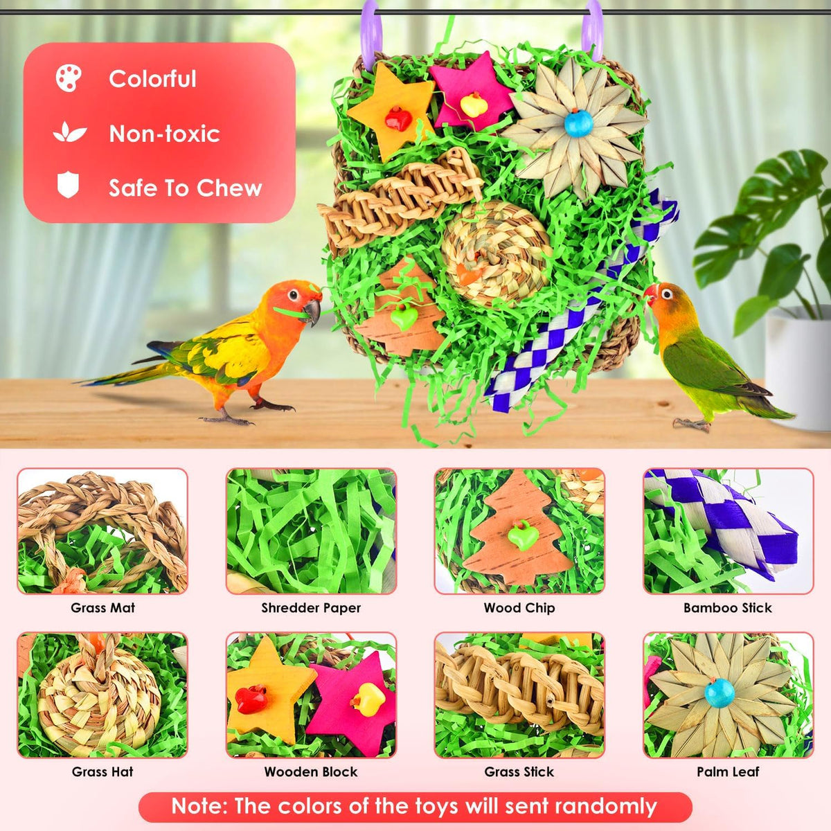 KATUMO Bird Toys, Grass Mat Shredding Hanging Toy for Budgie Parakeet – Essentials for Birds - Green decor - image 3