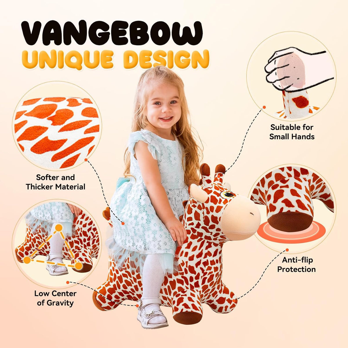 VangeBow inflatable plush giraffe animal hopper with four-legged base - view 8