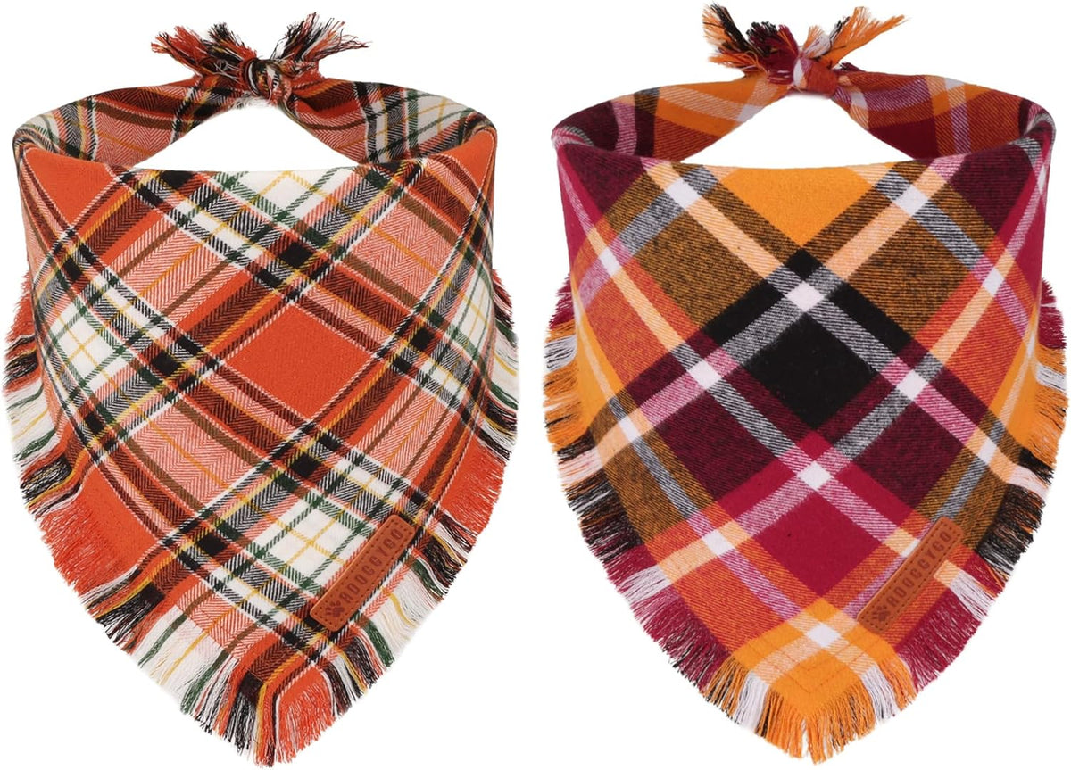 Fall Thanksgiving Dog Bandana, Autumn Plaid Dog Scarf - Large / Fall-2