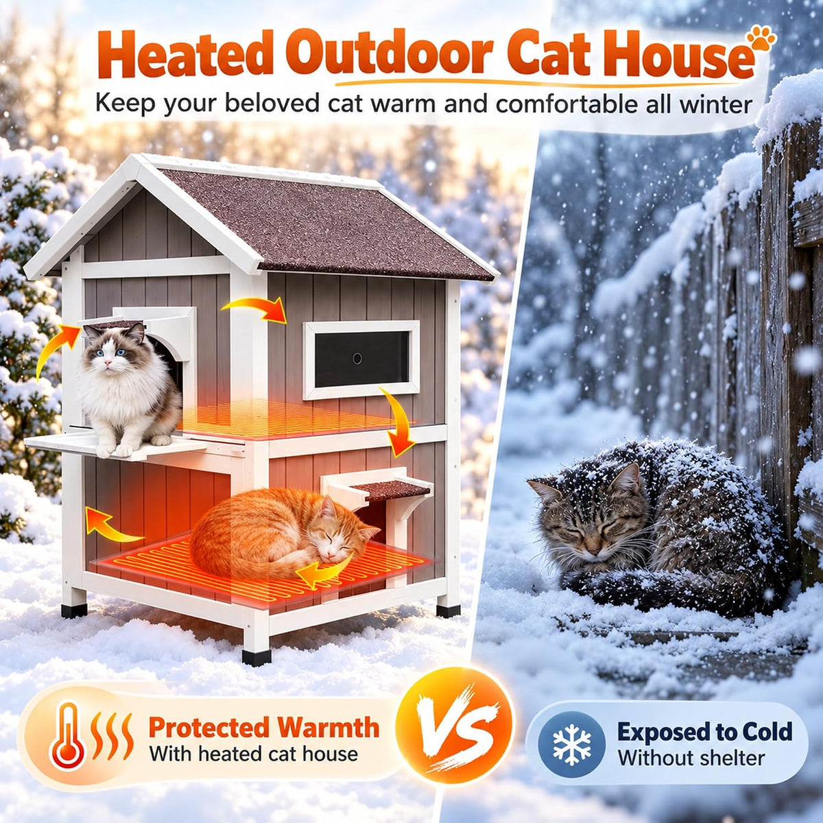 2-Layer Outdoor Cat House with Soft Mat - Grey-with Heated Pad - image 4