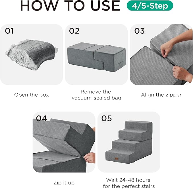 Made4Pets Dog Stairs for High Bed, Extra Wide Pet Stairs for Bed Couch Sofa, 35D Foam Pet Steps for Small Dogs and Cats, Non-Slip Bottom Dog Steps, Brown, 5 Steps