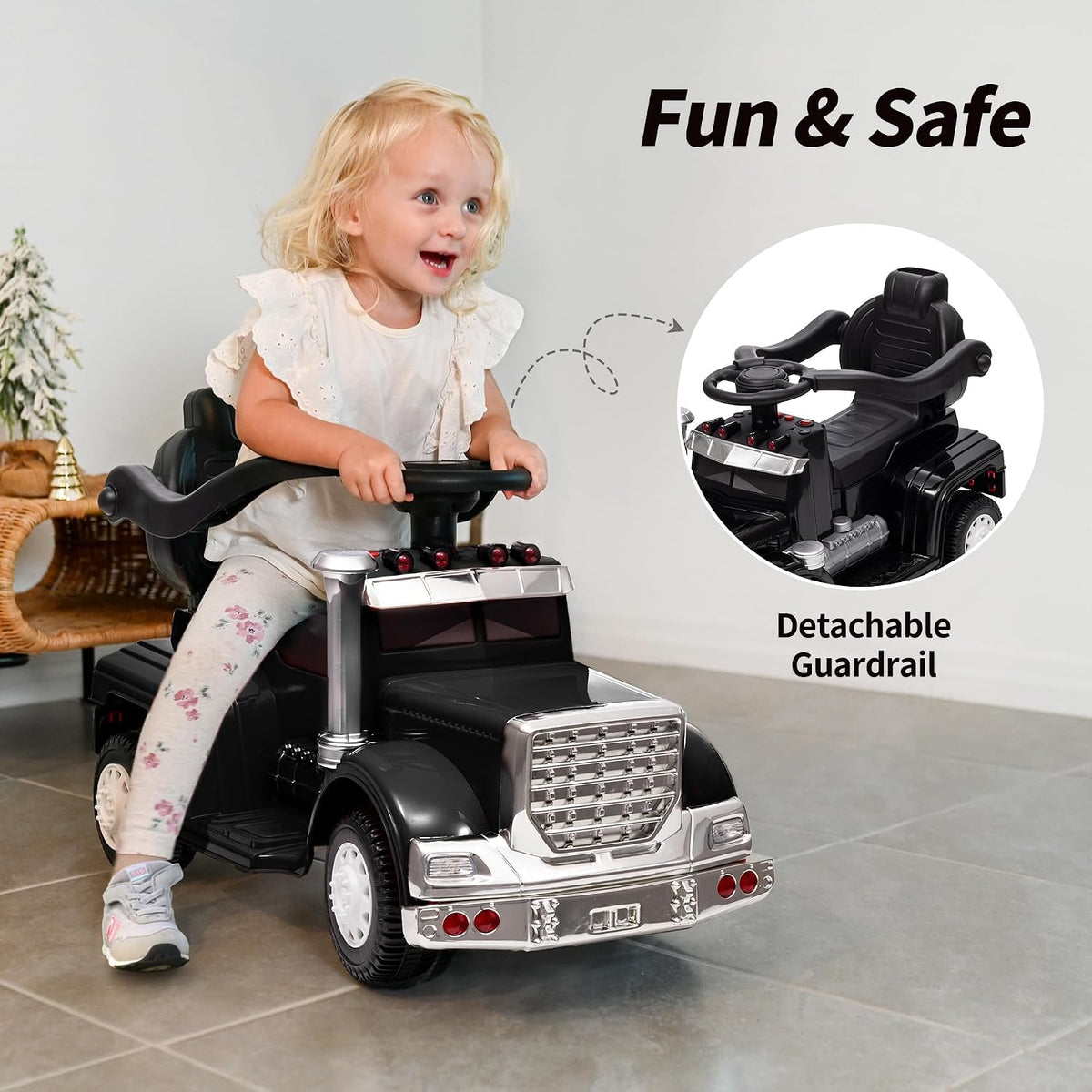 Outfunny 3-in-1 ride-on push car for toddlers in black with parent push handle and handrails - view 12