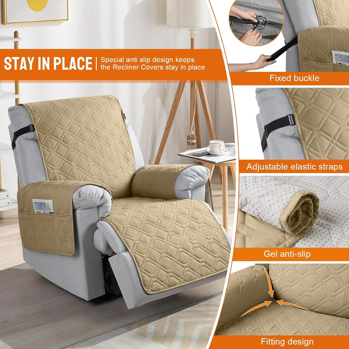 VANSOFY 100% Waterproof Recliner Chair Covers - Sand / 23.6" - image 3