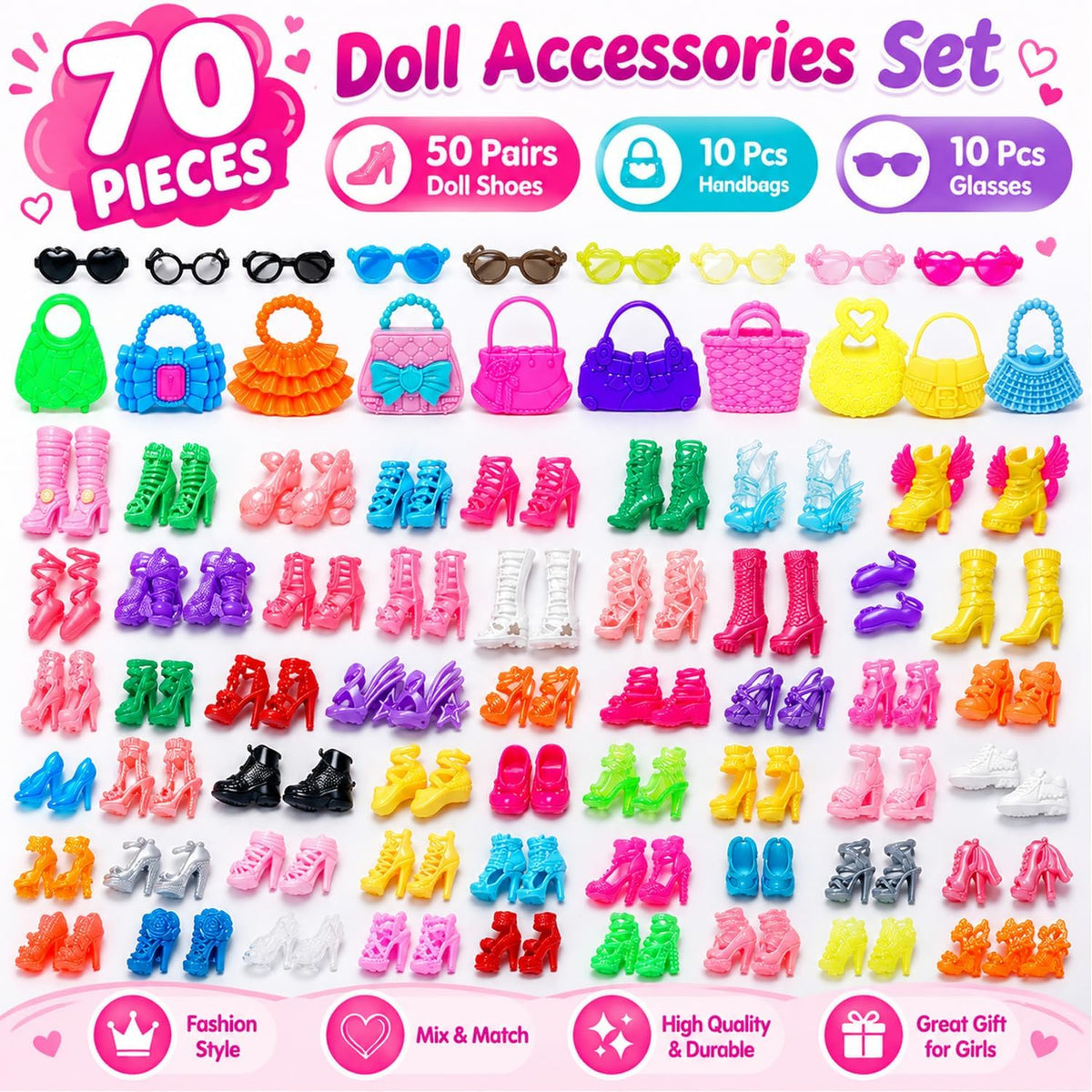 HighFun 50 piece doll shoes, handbags and glasses set with display rack for 11.5 inch dolls - view 6