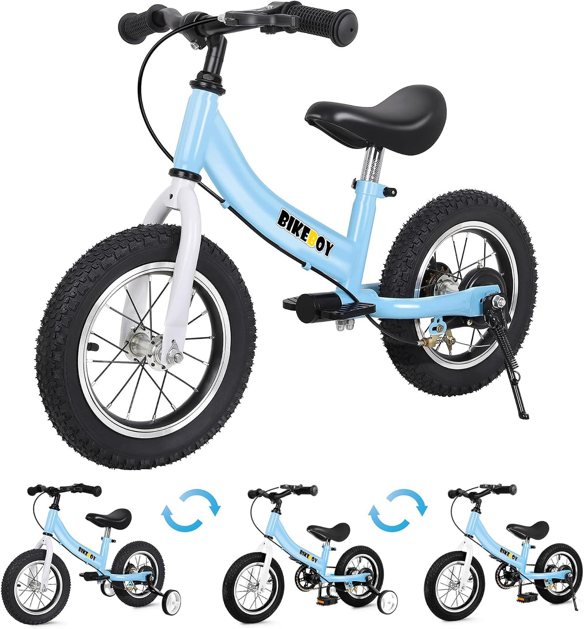 bikeboy 2 in 1 balance bike with pedals and hand brake, 12 14 16 inch wheels