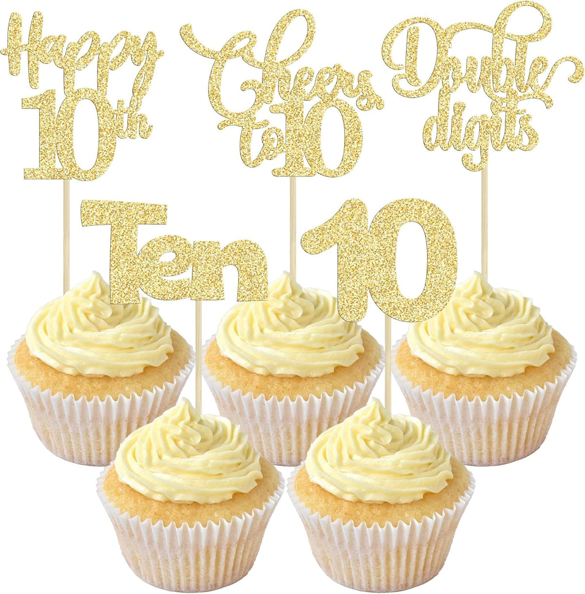 30 Pack Happy 80th Birthday Cupcake Toppers Gold Glitter Eighty - 10th / Gold
