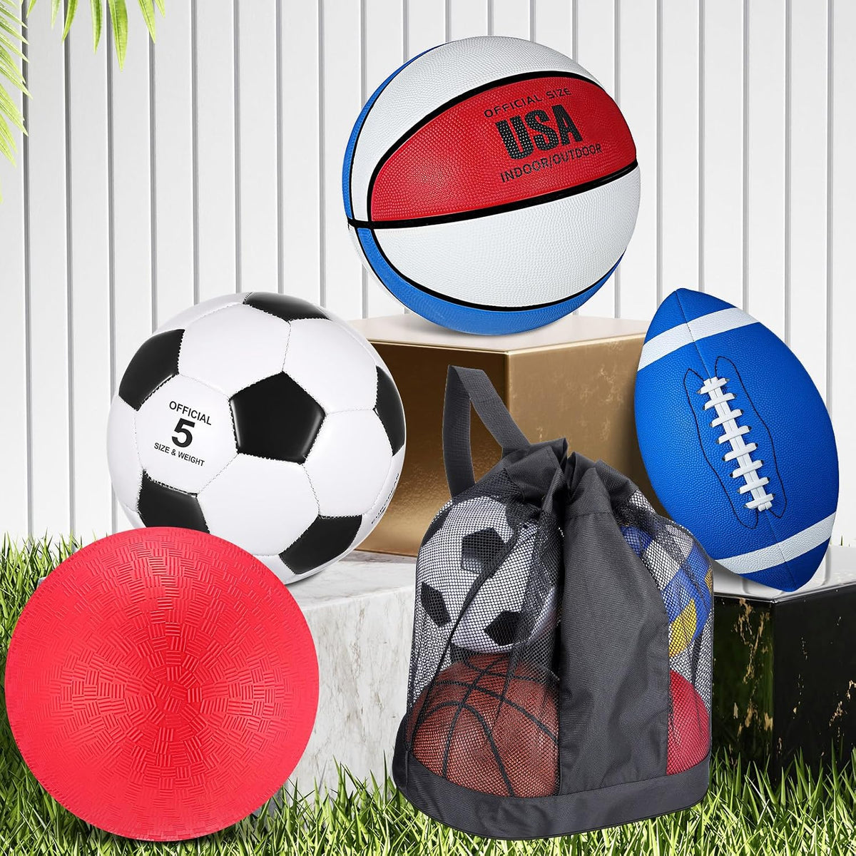 Lenwen sports balls set with basketball, soccer ball, football, playground ball, pump and bag - view 11