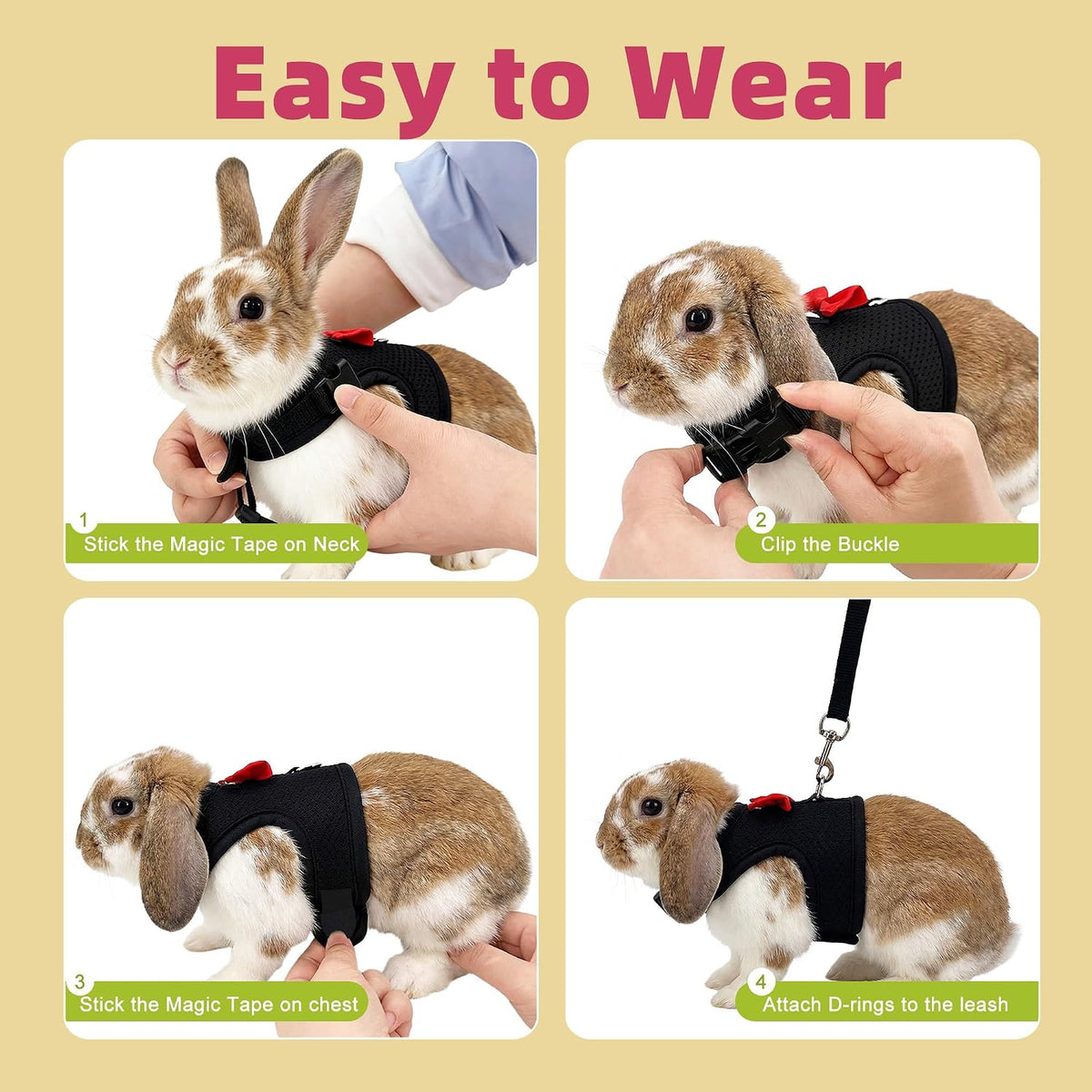 Breathable Bunny Harness and Leash Set with Cute Bow, Black S – Essentials for Small Pets - S / Black - image 4