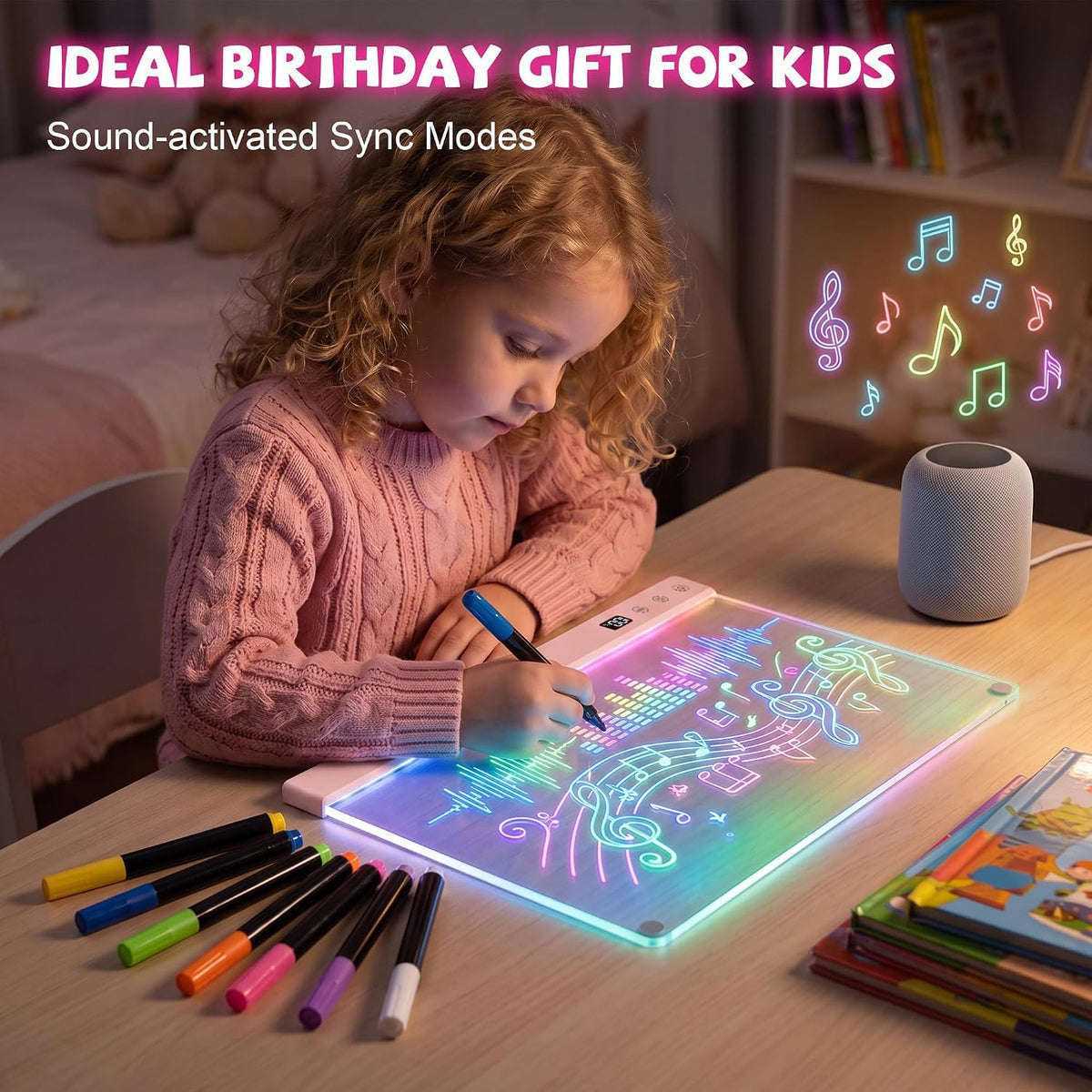 Honesorn 16’’ LED Drawing Board for kids 16 Light Effects White – Fun for Kids & Family - Pink - image 3