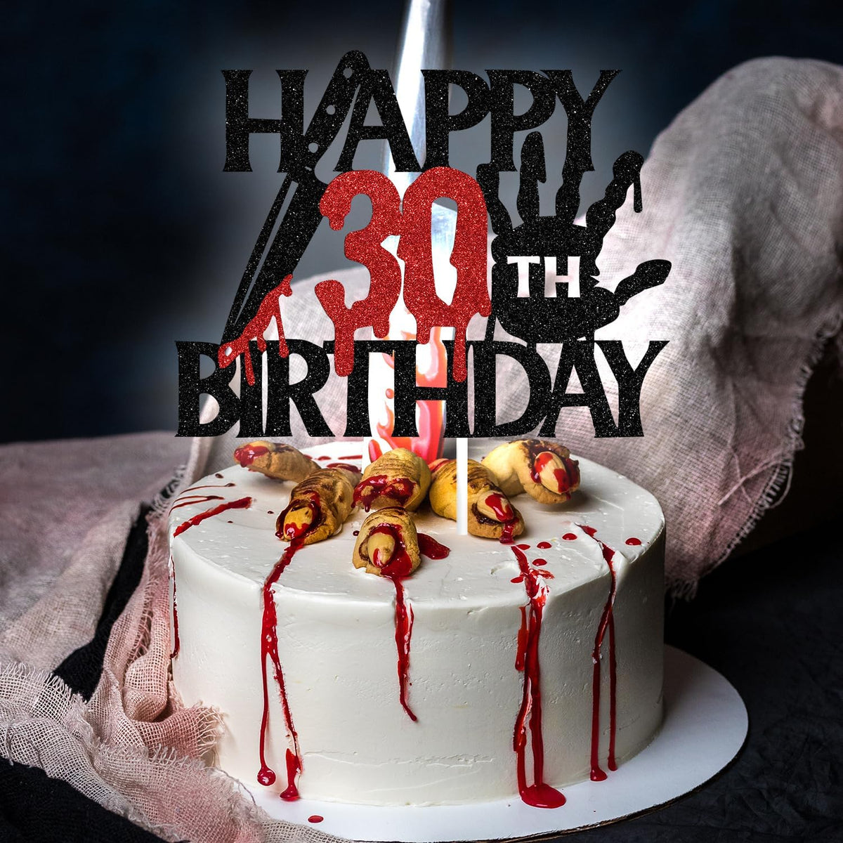 Black glitter Killer Happy 13th Birthday cake topper for a horror Halloween party - view 37