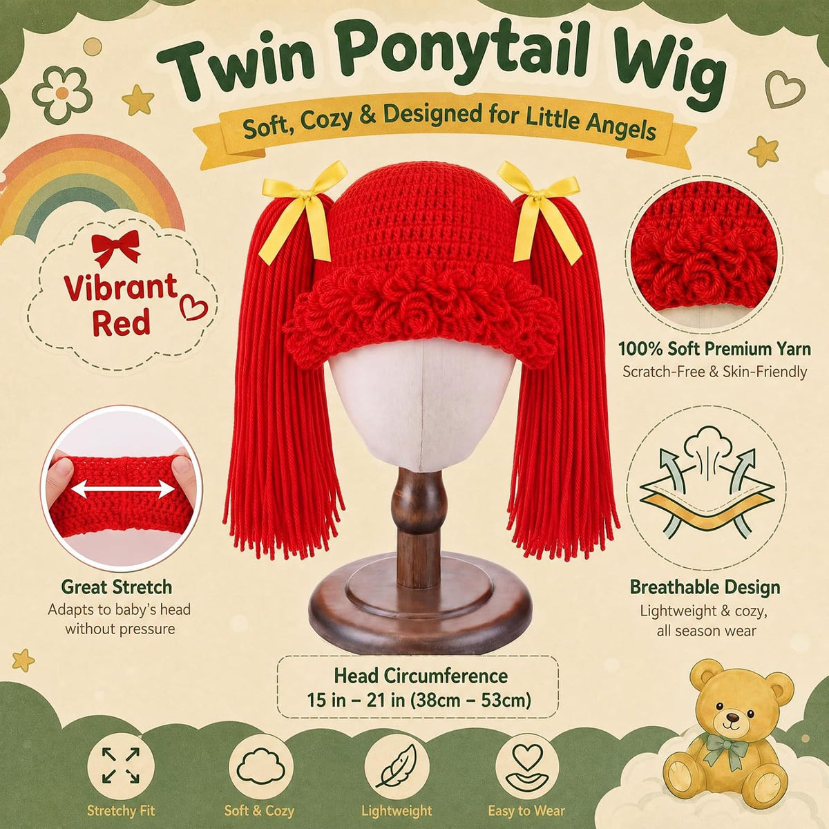 Halloween Cabbage Costume Yarn Wig - Red 3 / Straight Pigtails - image 2