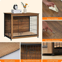 DWANTON Dog Crate Furniture with Cushion, Wooden Kennel Table with Double Doors, Indoor Dog House, Medium Size, 32.5" L, Warm Brown