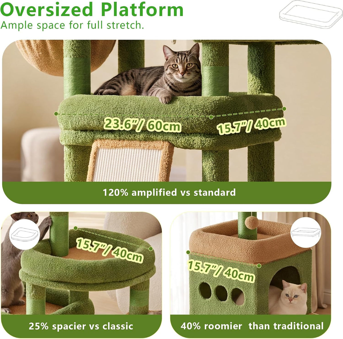 Heybly Cat Tree 72.4-Inch Anti-Tip Cat Tower with Spacious Perches - Green and Yellow / 72.4 inch - image 2