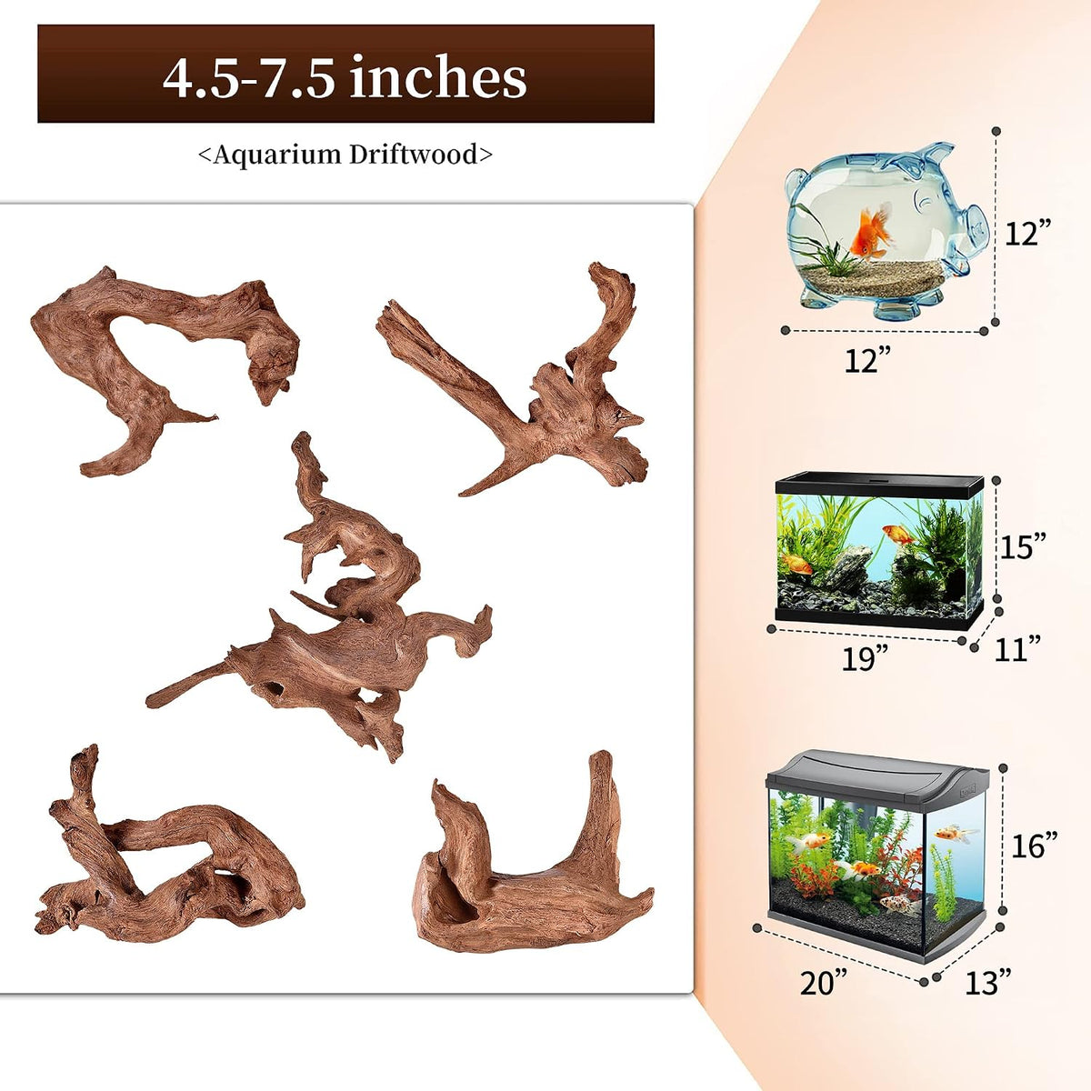 majoywoo Natural Driftwood for Aquarium Decor Fish Tank Decor Reptile - Mopani Driftwood 4.5 to 7.5 Inch (Pack of 5) - image 2