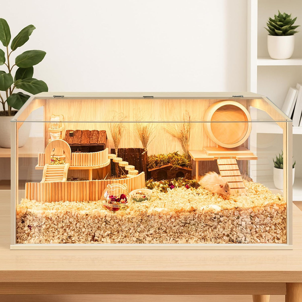 Hamster Cage Chewproof, Large Hamster Cages and Habitats - Natural Oak Wood / 32.0"L x 16.0"W x 16.0"H / Openable Window Roof - image 2