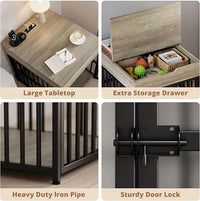 IRONCK Dog Crate Furniture for Small Dogs, Wooden Dog Kennel with Flip Top Drawer, Indoor Pet Crate End Table with Charging Station, Steel-Tube Dog Cage, Gray
