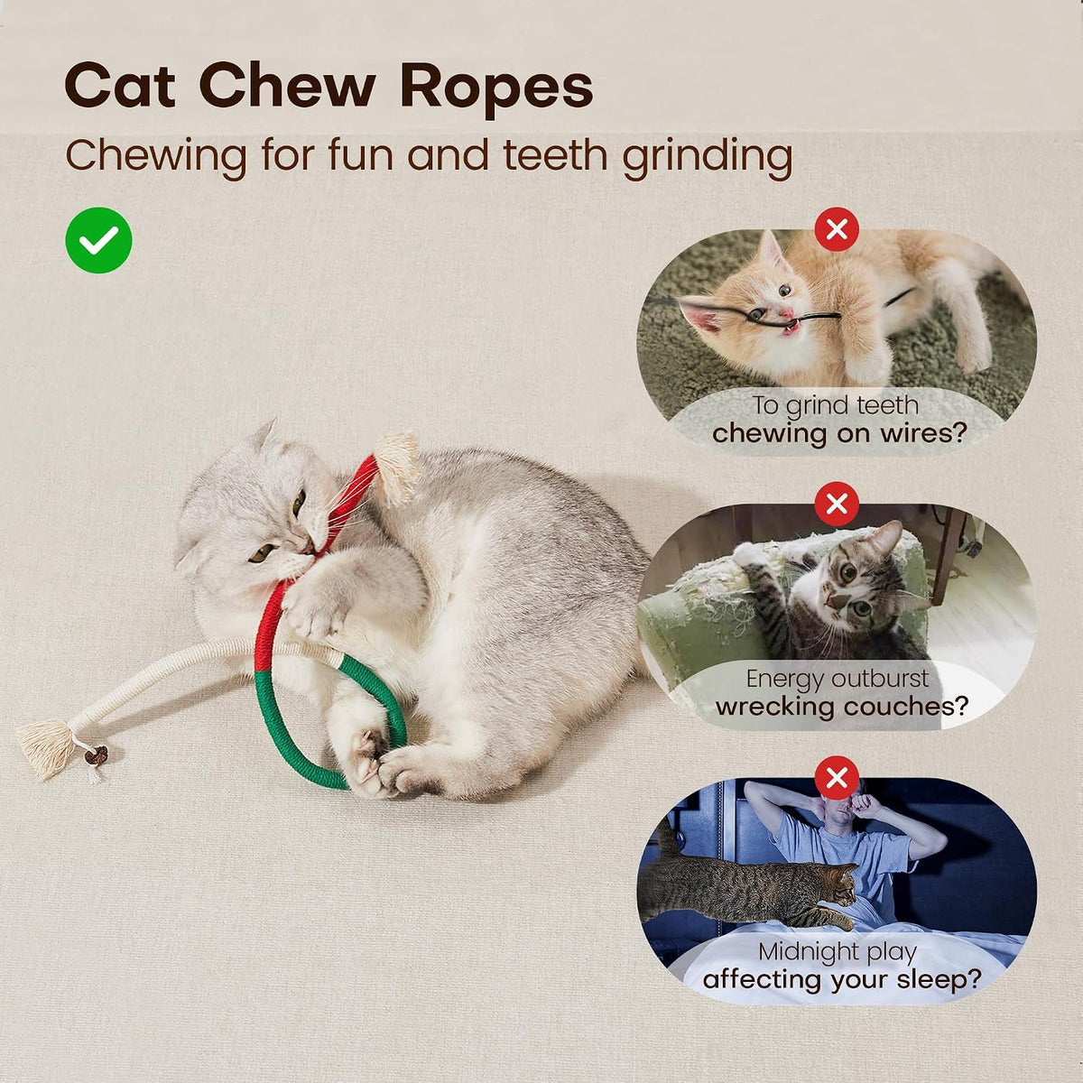 Potaroma Cat Toys Chew Ropes 3Pcs with Refillable Natural Catnip – Essentials for Cats - image 2