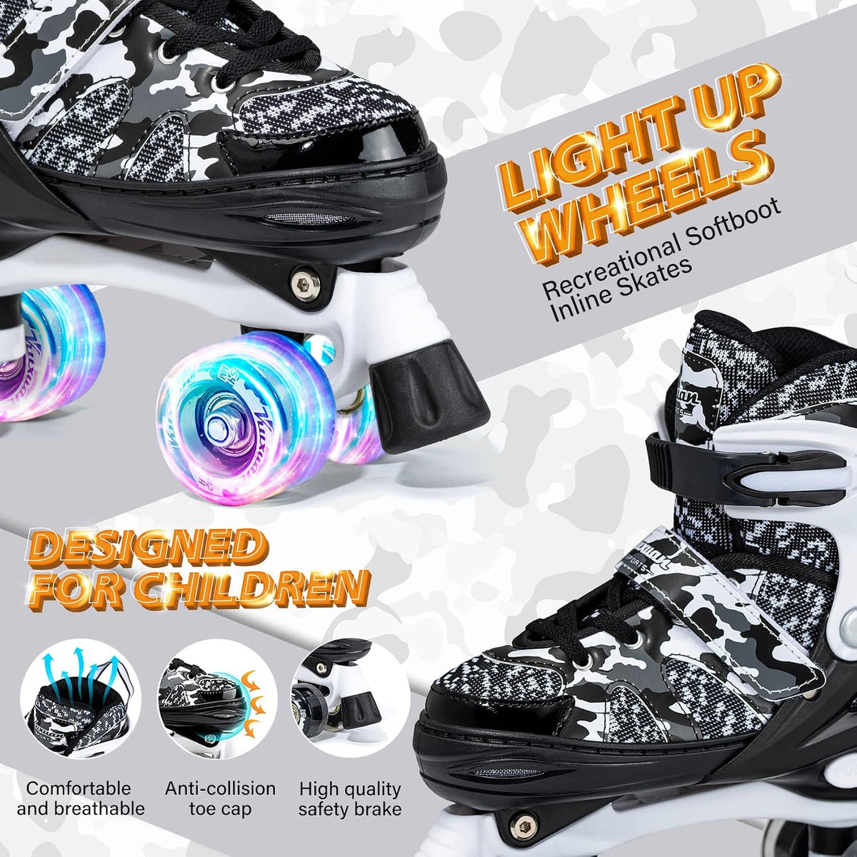 Kuxuan Adjustable Roller Skates with Fun Illuminating Rollerskate - Camo Black / Medium - Big Kid(1-4US) - image 2