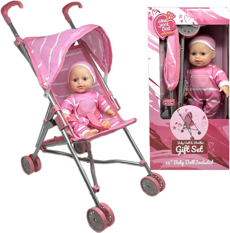 New York Doll Collection 12-inch baby doll with pacifier and pink striped fabric stroller