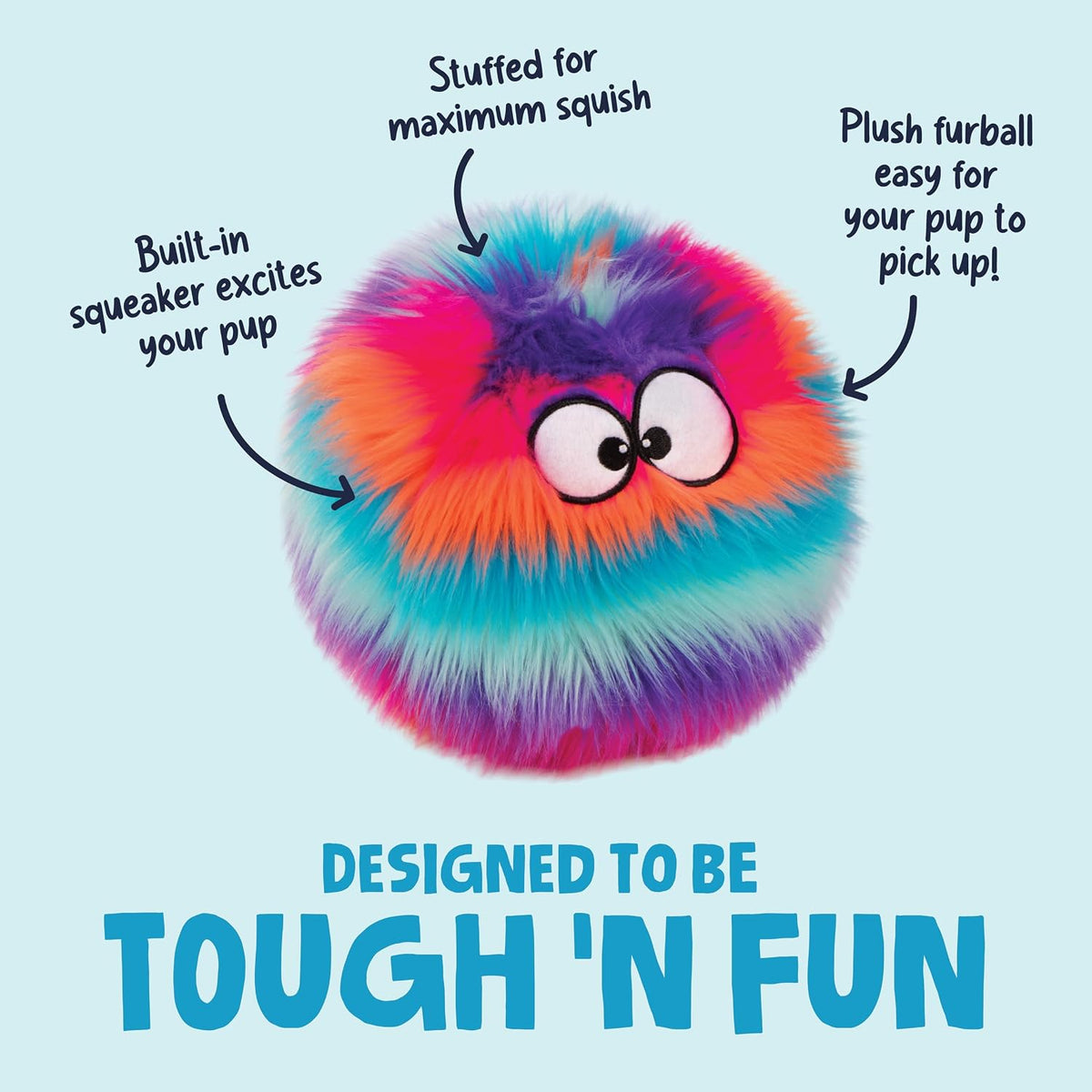 goDog Furballz Squeaky Plush Ball Dog Toy, Chew Guard Technology - Furballz (Cool Rainbow) / Large - image 3