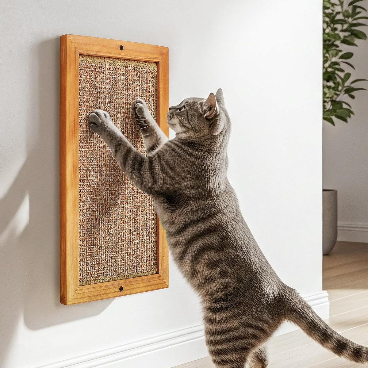 Cat Scratching Post, Wooden Sisal Cats Wall Scratcher - 1 PCS Large Brown