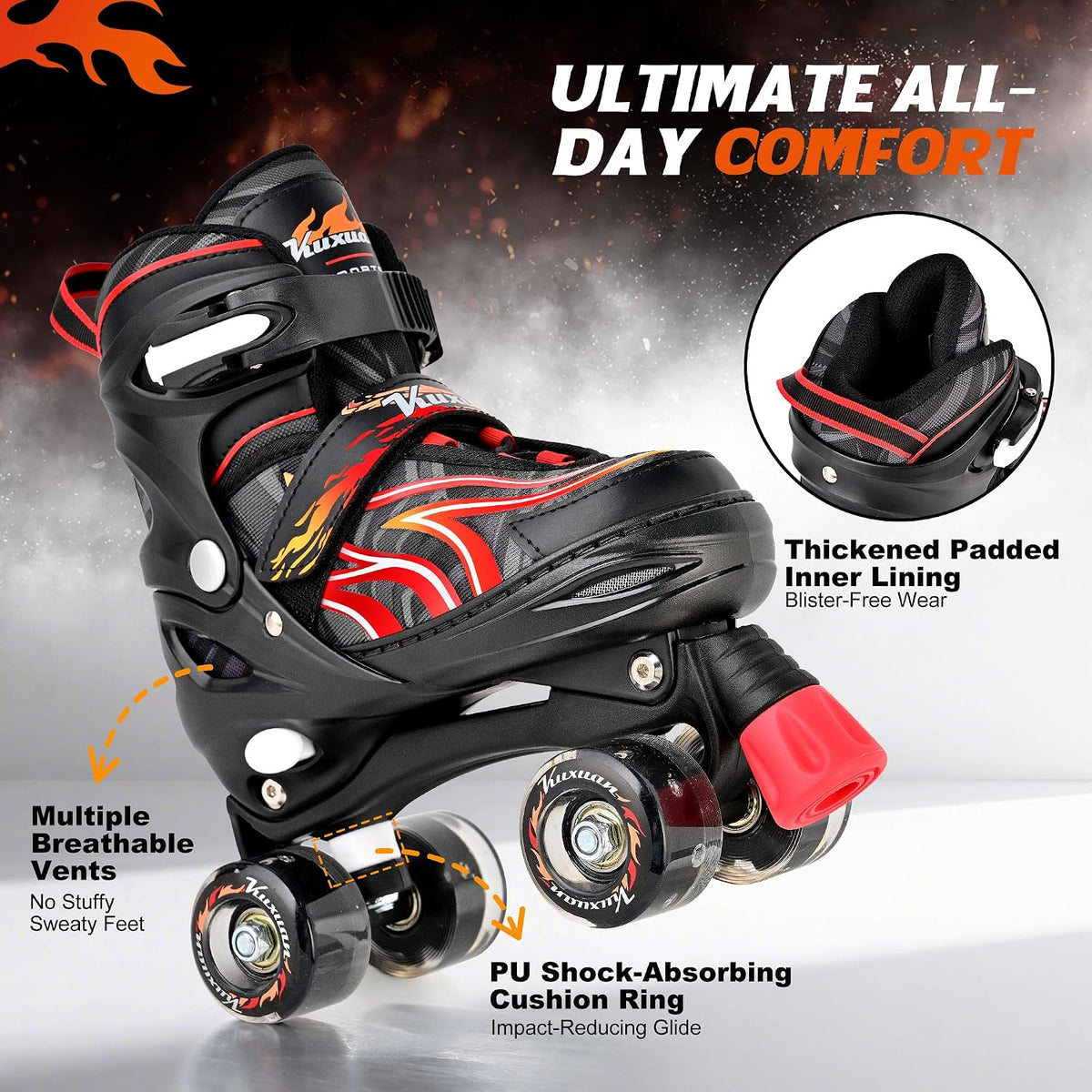 Kuxuan Adjustable Roller Skates with Fun Illuminating Rollerskate - Flame Red / Large - Youth(4-7US) - image 4