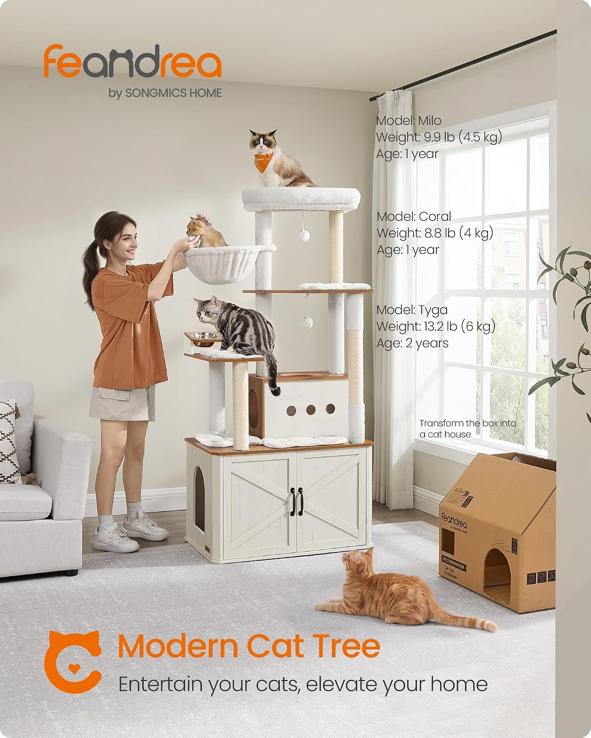 Feandrea Cat Tree, 66.9-Inch Cat Tower with Litter Box Enclosure – Essentials for Cats - Rustic White + Honey Brown - image 2