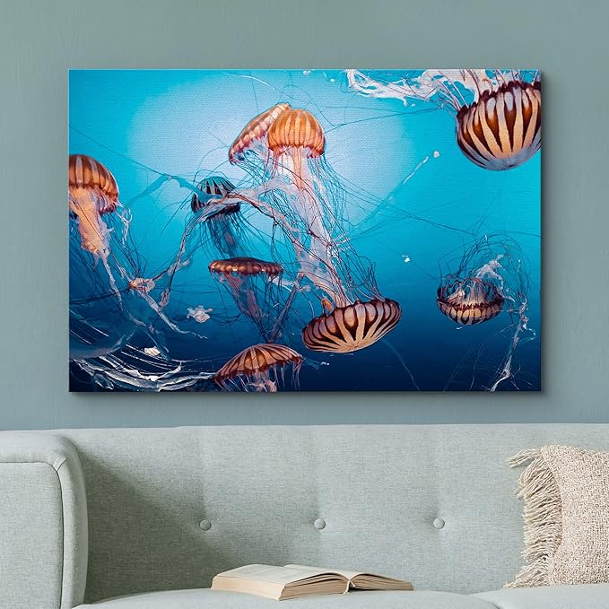 wall26 Canvas Print Wall Art Tiger Stripe Jellyfish Underwater Ocean Sea Nature Animals Photography Realism Rustic Scenic Landscape Wilderness Colorful for Living Room, Bedroom, Office - 16"x24"