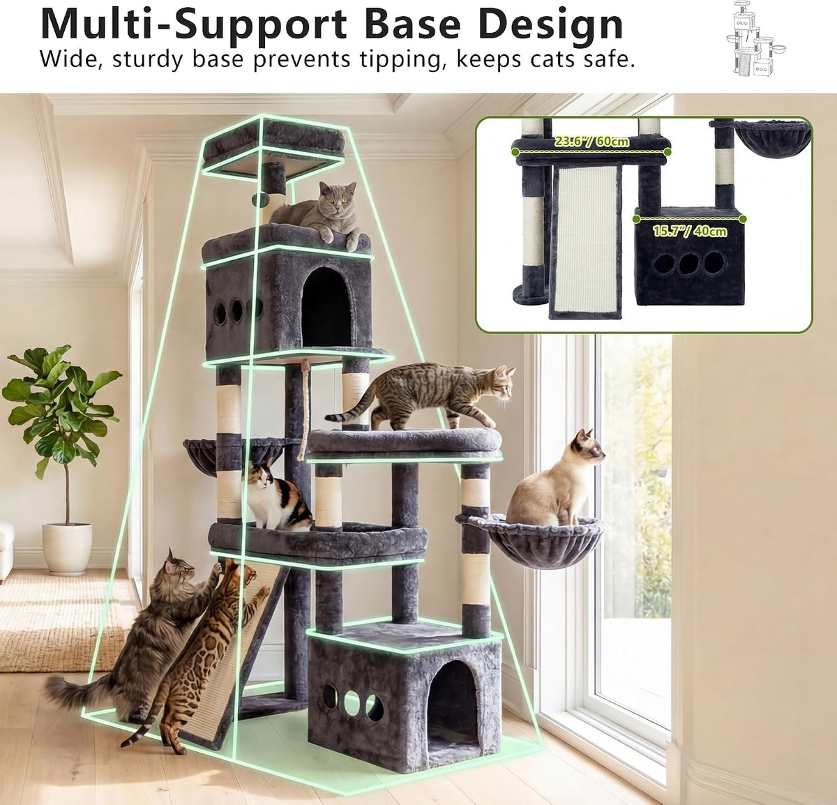 Heybly Cat Tree 72.4-Inch Anti-Tip Cat Tower with Spacious Perches - Smoky Gray / 72.4 inch - image 2
