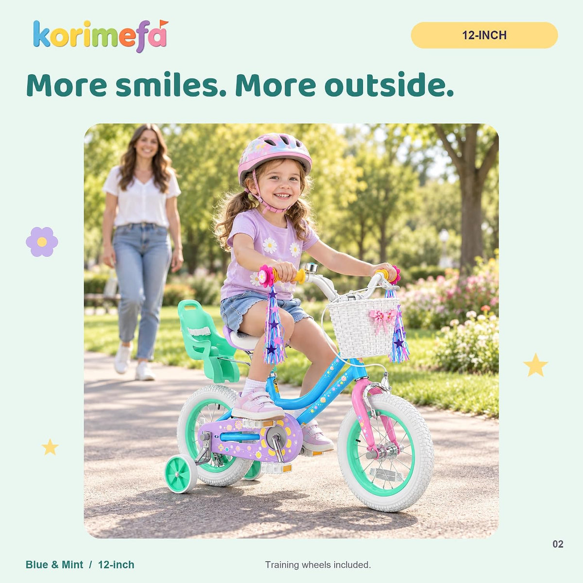 KORIMEFA girls bike with training wheels, basket and streamers in Rose Red - view 3