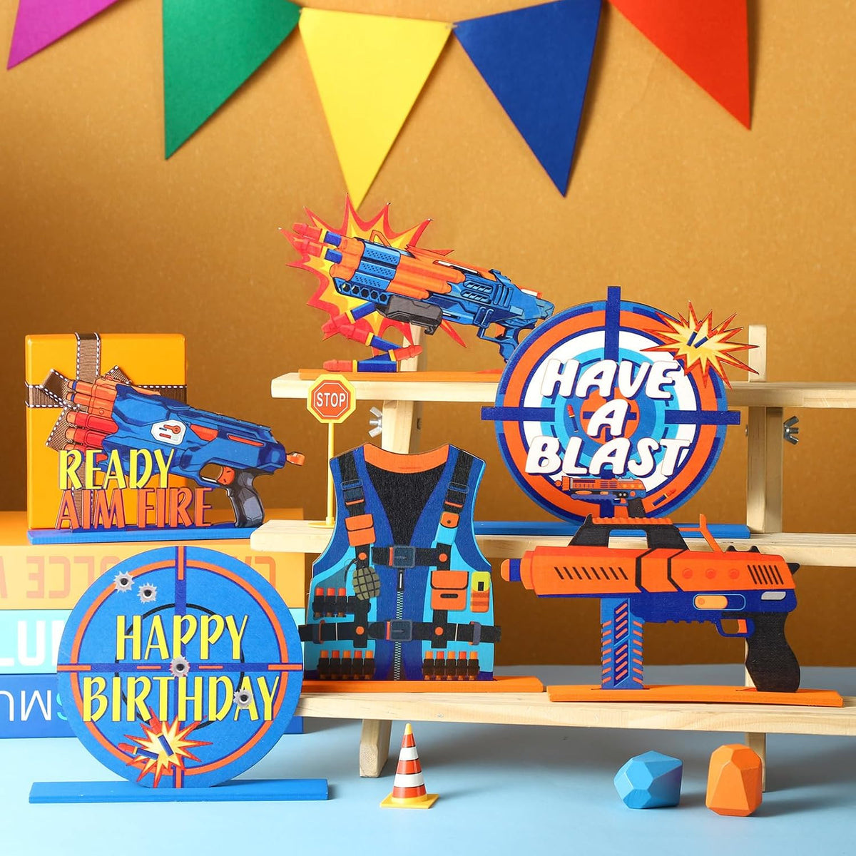 Suzile Dart Battle wooden party table centerpieces in blue and orange, set of 6 - view 12
