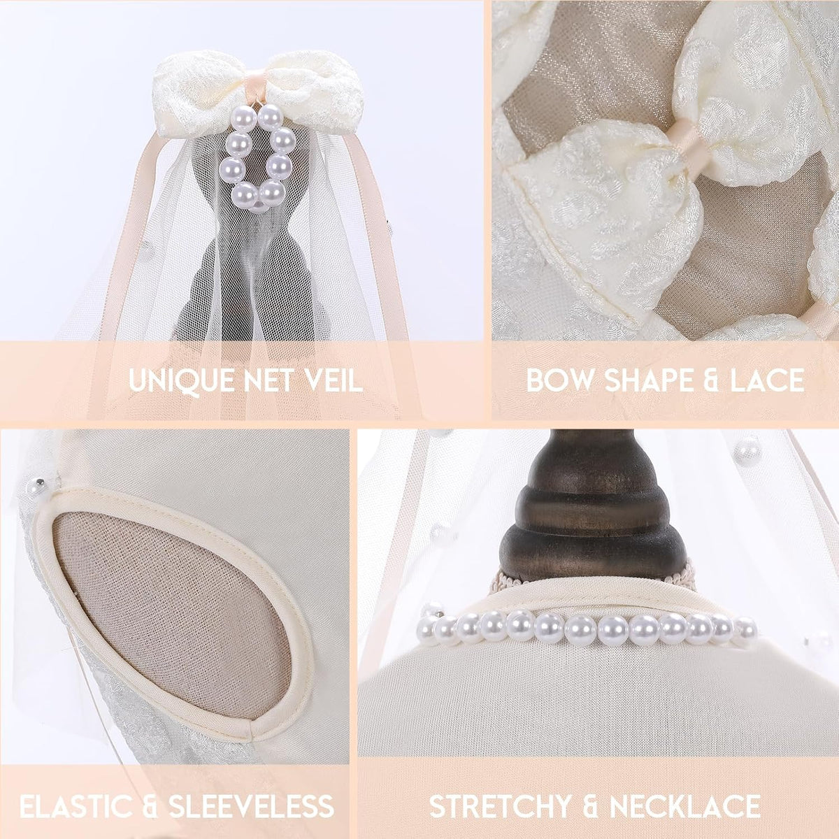 ASENKU Dog Dress, Dog Wedding Dress with Bows, Veil Attachment - Champagne / Small - image 3