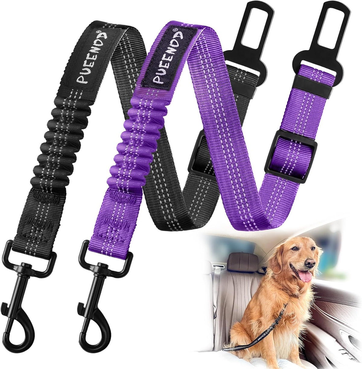 2 Pack Dog Seat Belt Adjustable Dog Car Seatbelts for Vehicle Nylon - Black + Purple