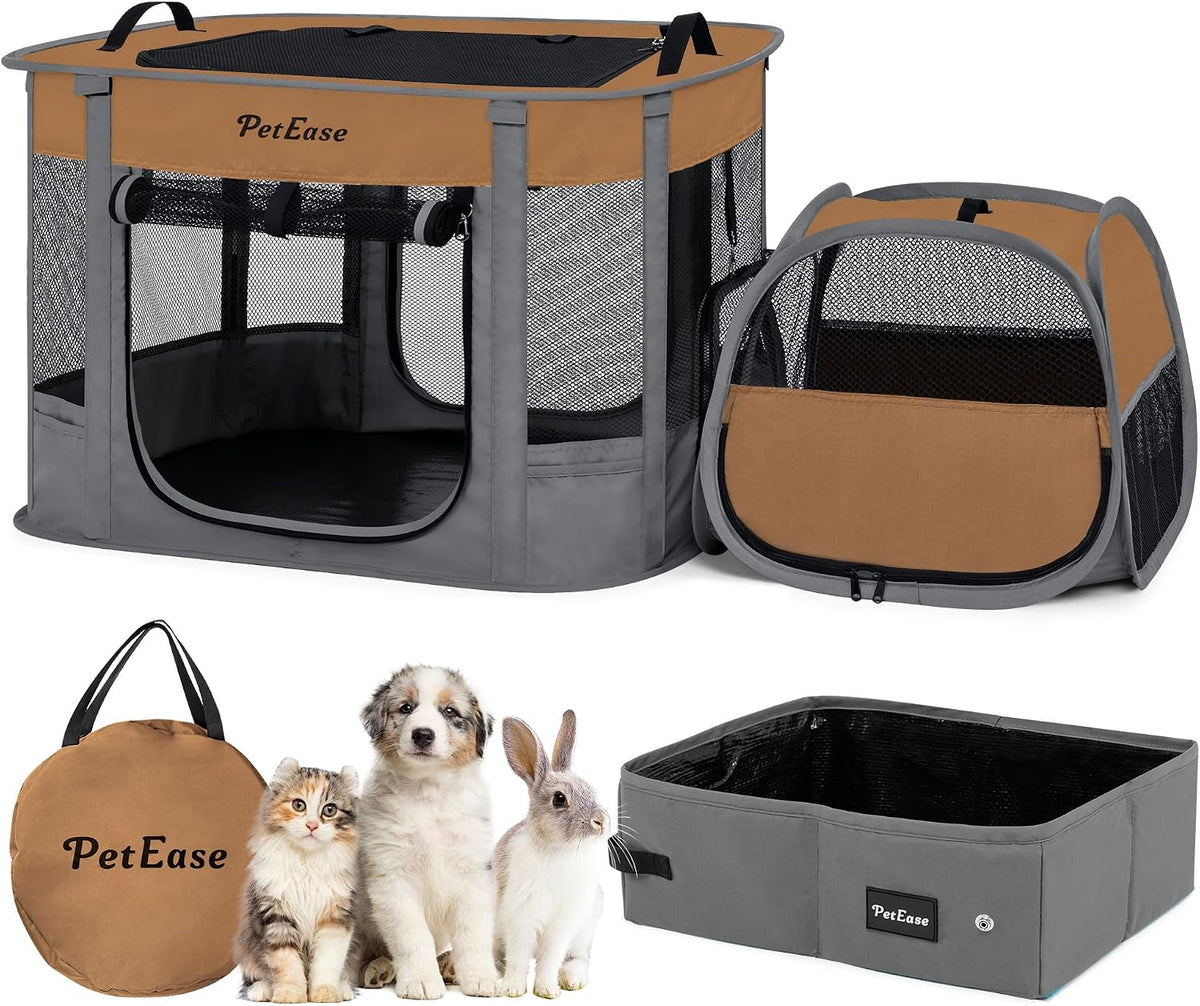 Portable Cat Playpen with Litter Box, Cat Enclosure for Camping - Brown / Double