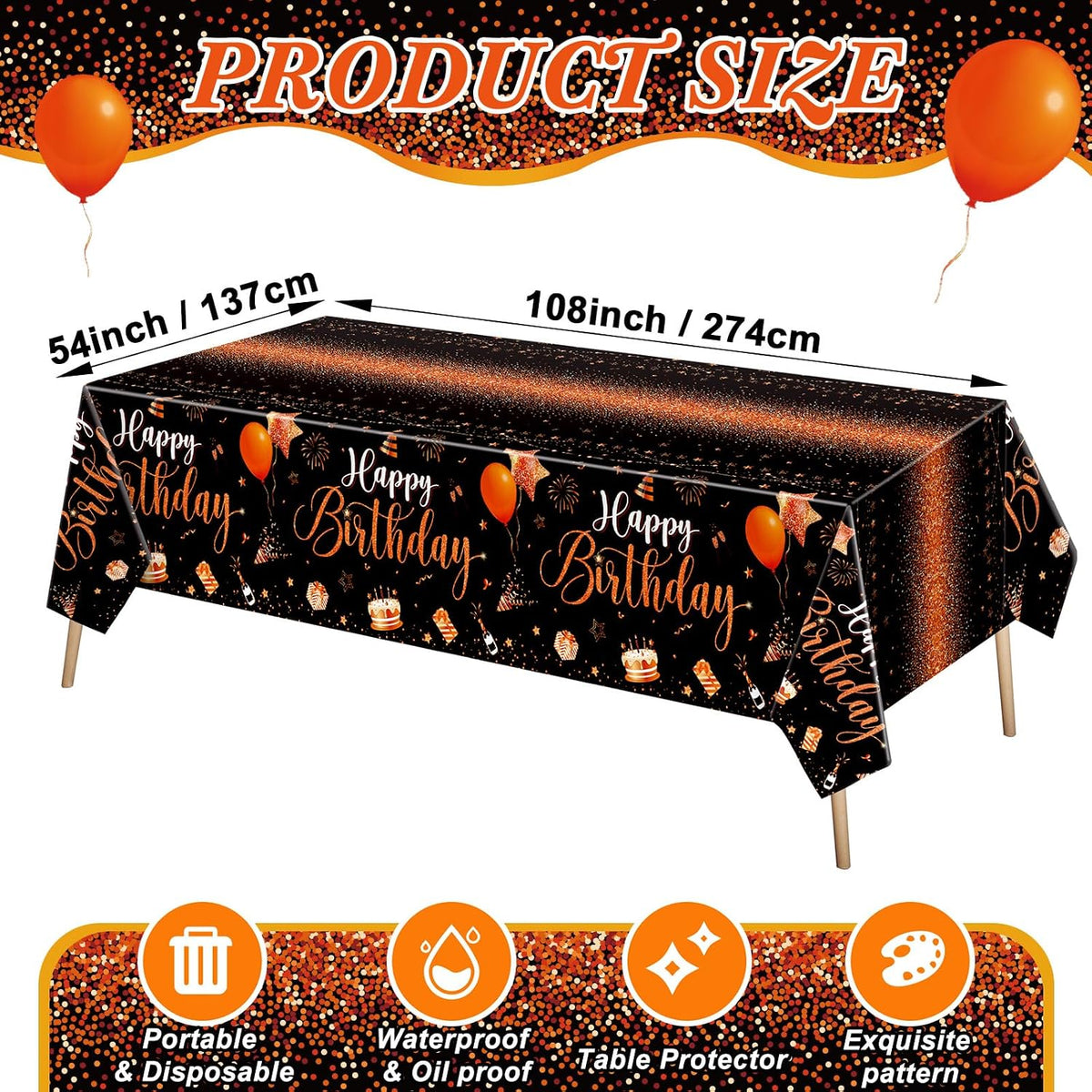Tudomro 3 Pcs Plastic Happy Birthday Party Tablecloths - Black Orange / 3 - image 3