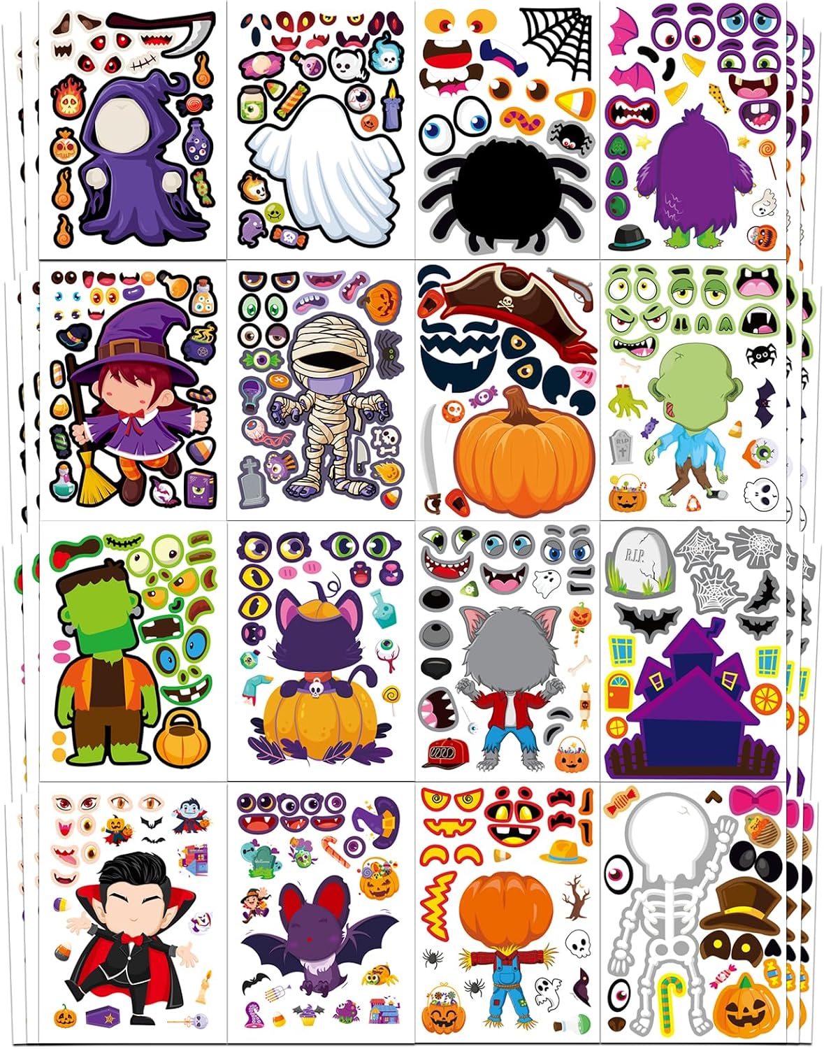Aowplc Halloween make-a-face sticker sheets with witches, pumpkins and monsters - view 2