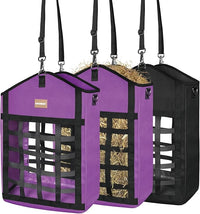 Innovative Hay Bags for Horses, Goat Hay Feeder with Reinforced Oxford Fabric and High Strength Metal Clasp,Horse Feeding Supplies with Adjustable Strap for Easy Hanging (2Purple+1Black)