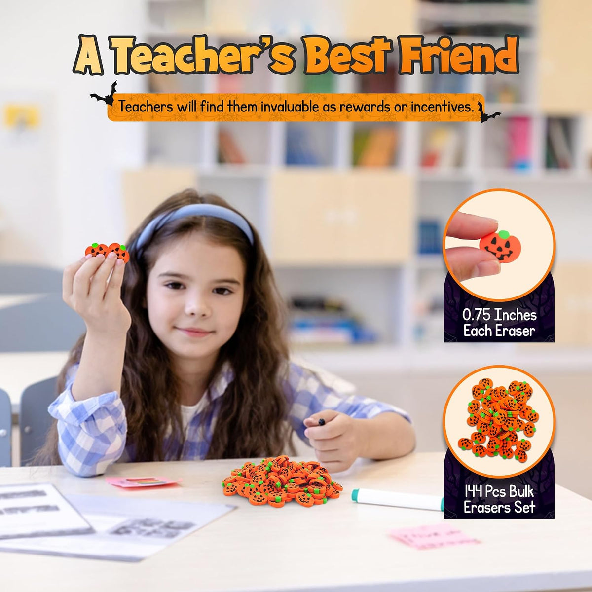 4E's Novelty bulk pack of 144 mini pumpkin erasers for Halloween - view 3