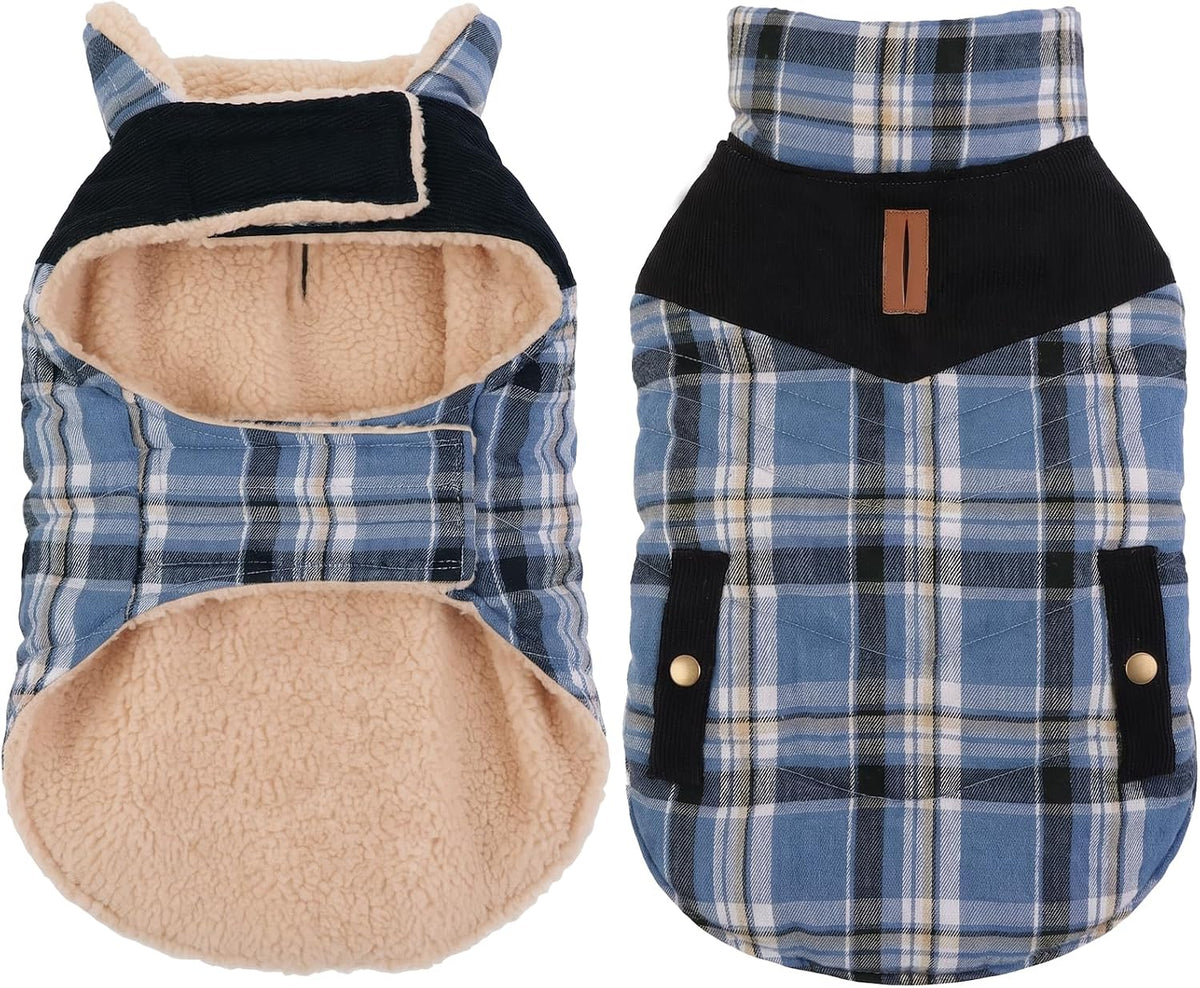 XS Warm Puffer Dog Jacket Thick Plush Lining Winter Puppy Coat – Essentials for Dogs - Small / Blue Plaid