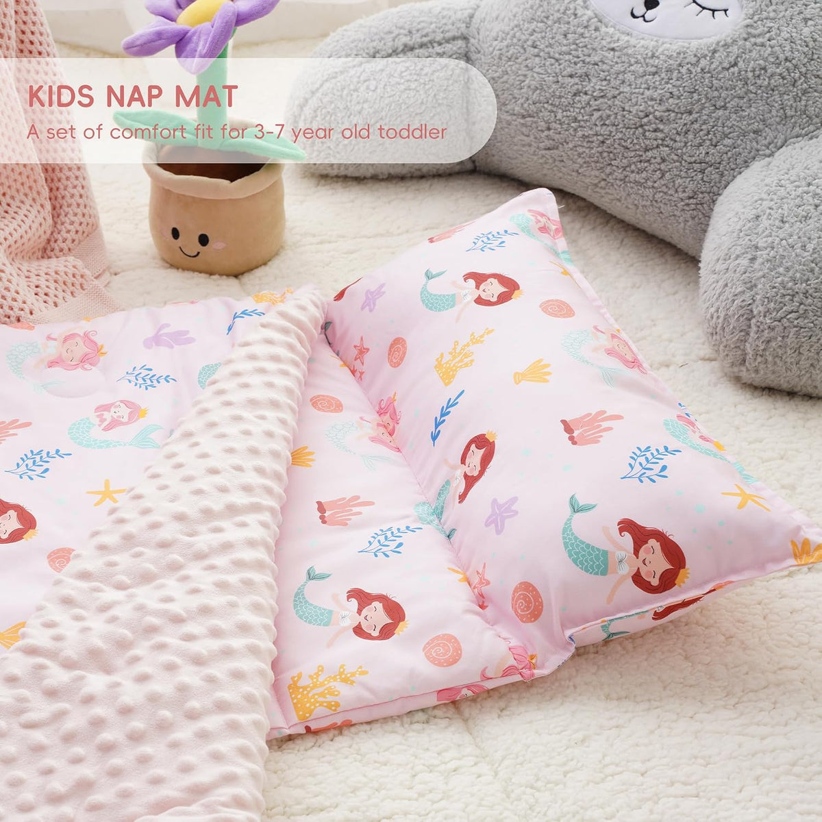 Bunnikins & Clover Toddler Nap Mat with Removable Pillow - Pink Mermaid - image 4
