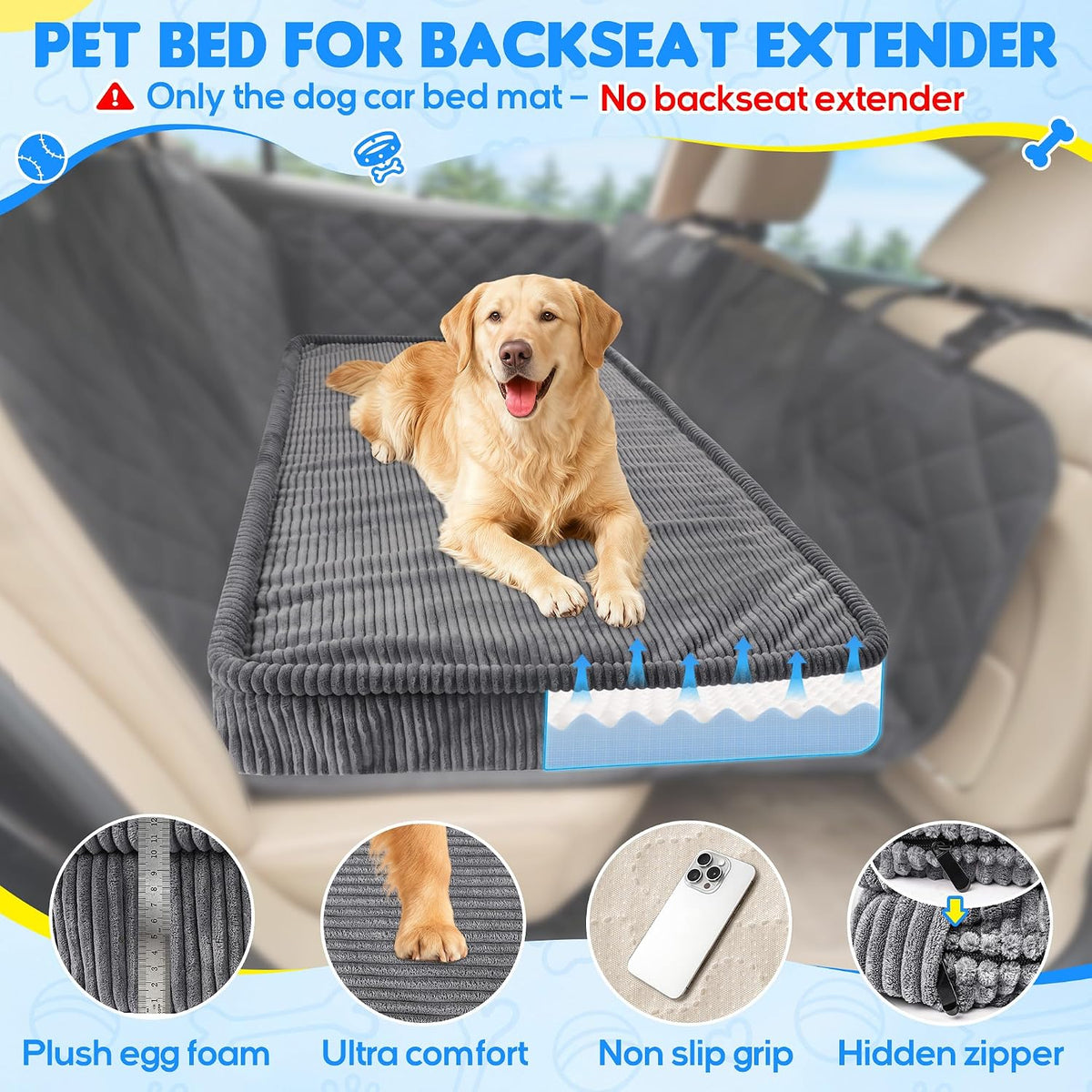 Dog Car Bed, Non-Slip Backseat Extender Pet Mat 50"x24.6"x2" – Essentials for Dogs - XL（56"Lx28.7"M×4"H) / Dark Gray - image 4
