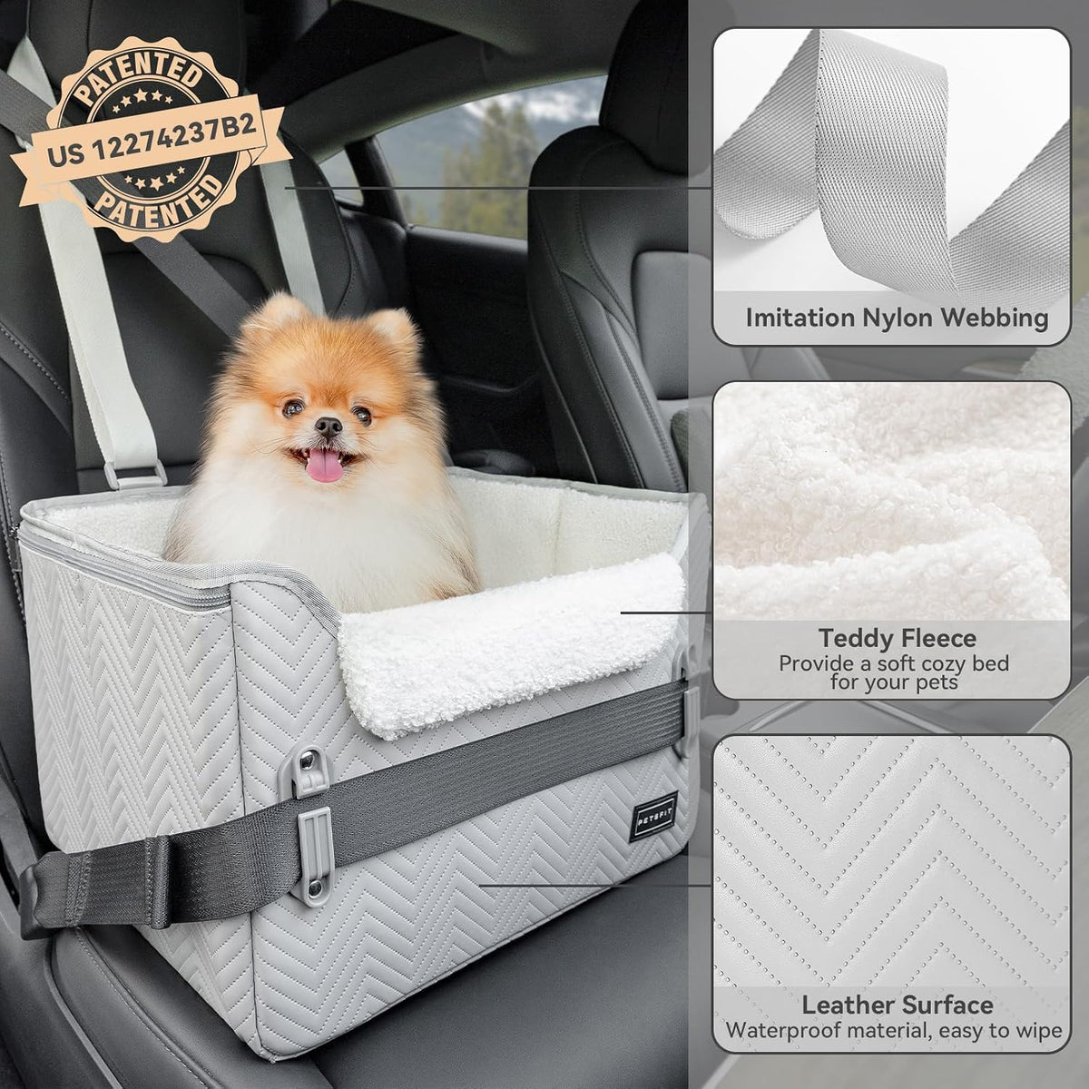 PETSFIT Dog Car Seats for Small Dogs, Patented Safety Buckles - Faux Leather / Cool Grey - image 4