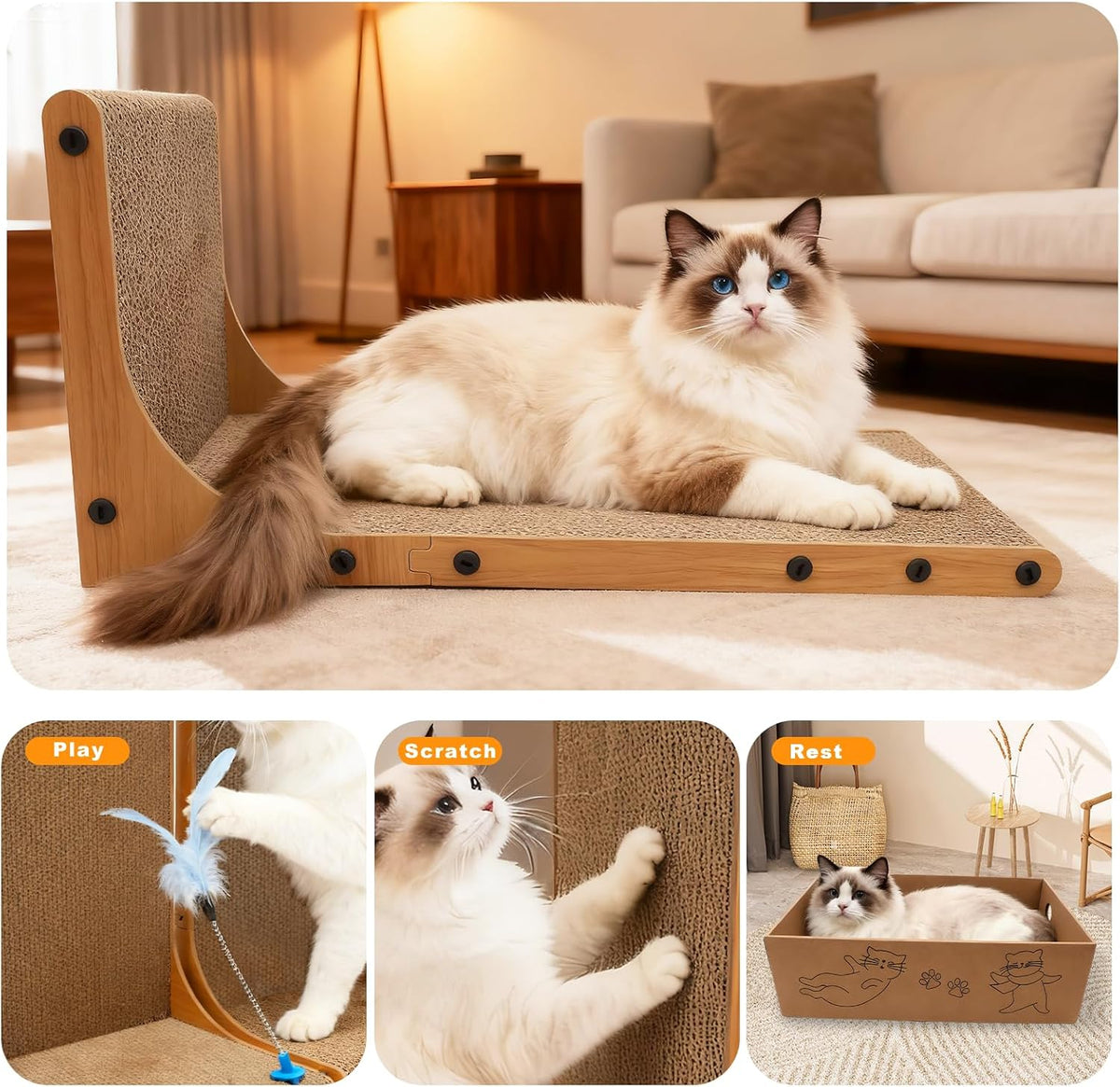 Cat Scratching Post, 3-in1 Cat Scratcher for Indoor Cats - 2pk 22in L-Shape Cat Scratcher with Box - image 4