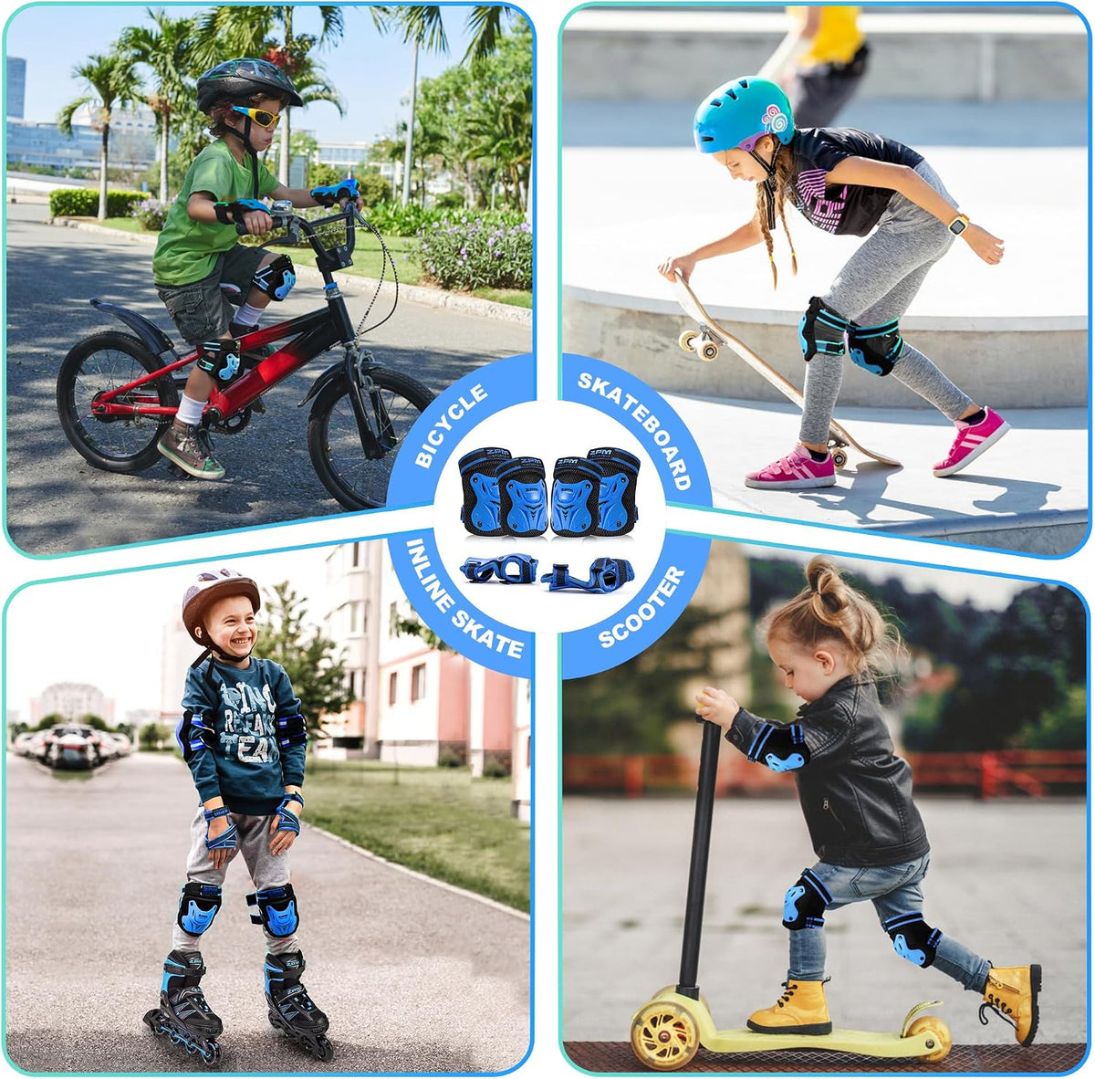 2PM SPORTS Knee and Elbow Pads Set with Wrist Guards for Kids Girls - Blue / Medium - image 3