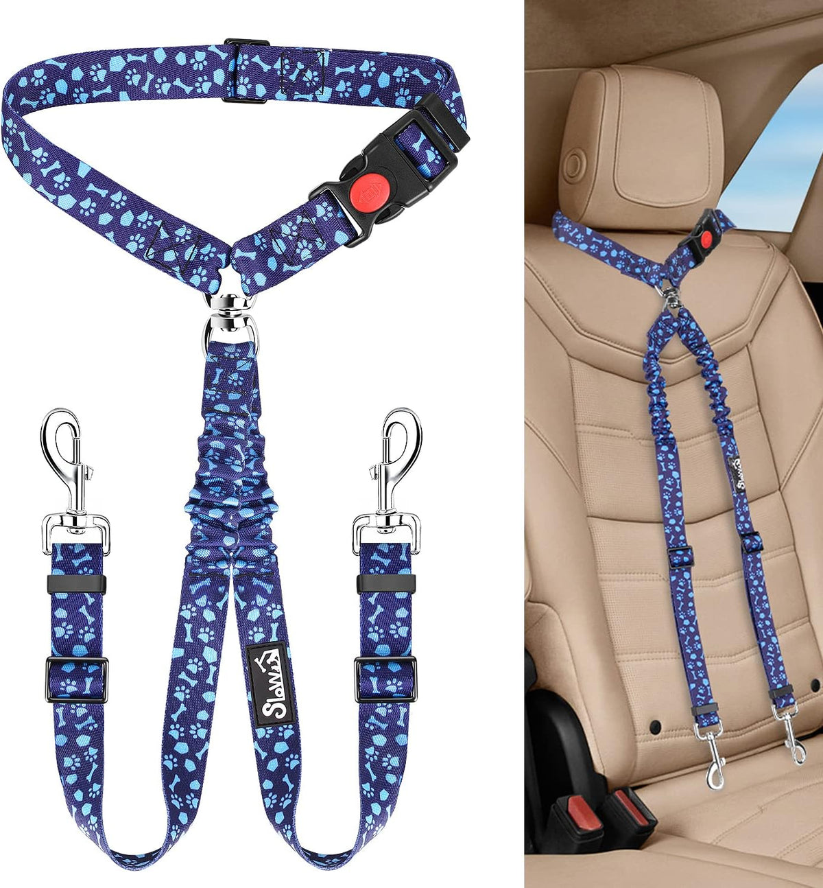 Lukovee Double Dog Car Seat Belt, No Tangle Headrest Restraint – Essentials for Dogs - Blue Paw / 1 Pack